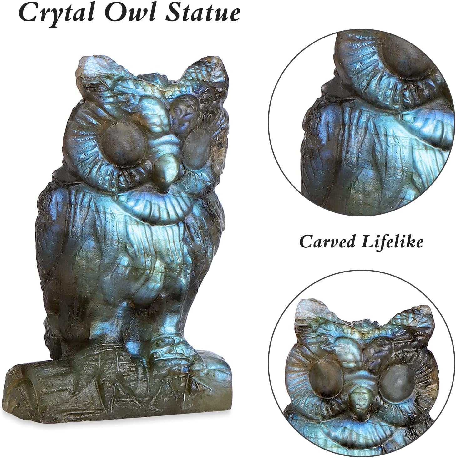 SMQ 2.0" Labradorite Crystal Owl Statue Home Decor Carved Gemstone Owl Paperweight Animal Carvings Figurines,Reiki Healing Stones for Bookshelf,Office Decoration