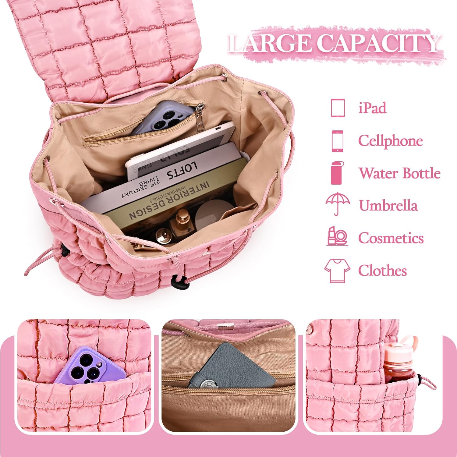 Quilted Puffer Backpack for Women Lightweight Soft Puffy Backpack Purse Casual Daily Drawstring Flap Daypack (Pink) - Image 4