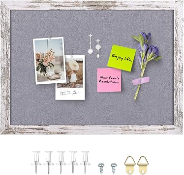 Gray Felt Bulletin Board, 17x13 inches Decorative Hanging Bulletin Boards for Walls with White Rustic Wood Frame, Pin Board Vision Board for Office Home School with Pins 4333,WH,1pc