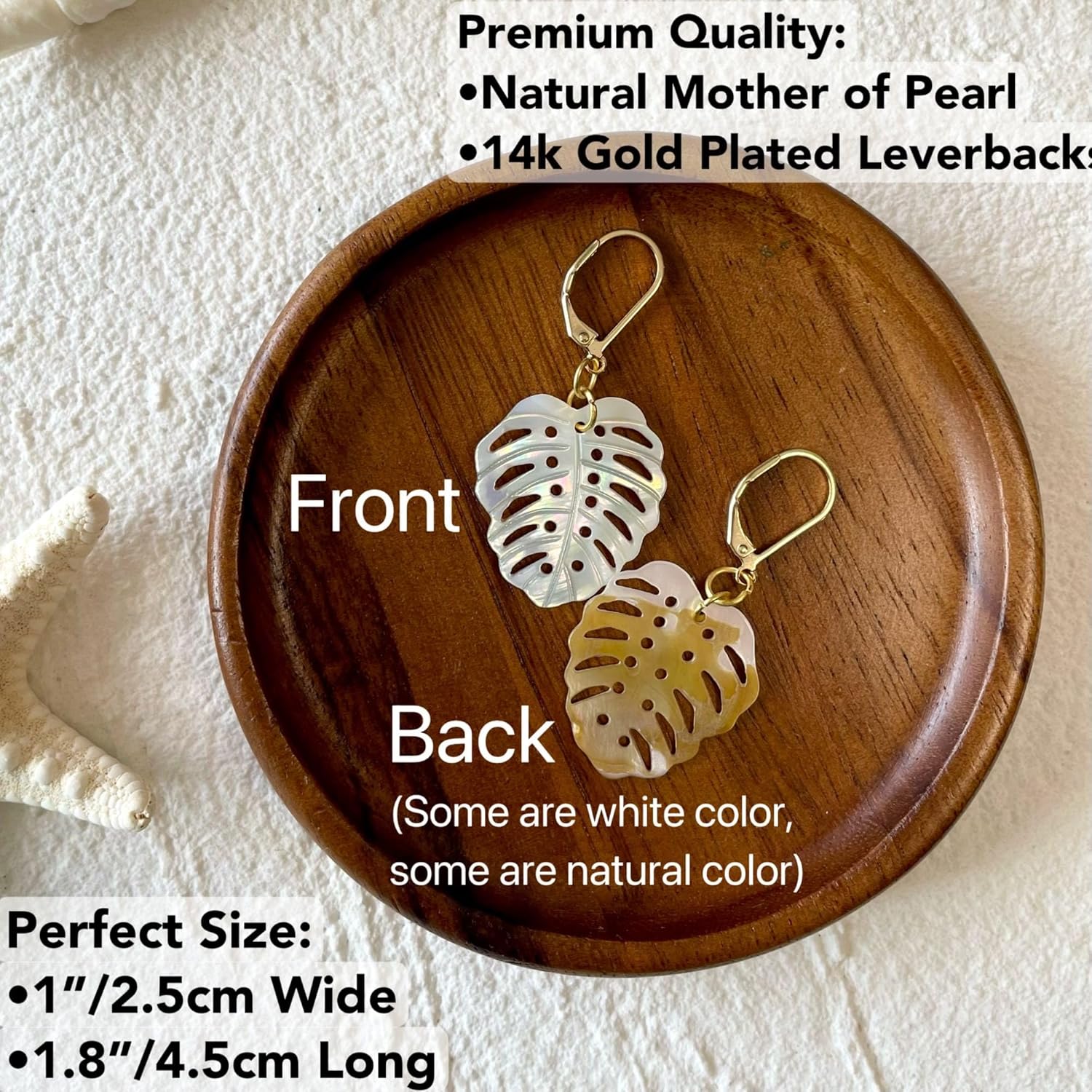 Mother of Pearl Monstera Earrings, Natural Sea Shell Tropical Leaf Earrings, Small Gold Plated Drop Dangle Leverback, Trendy Women Girl Gift - Image 4