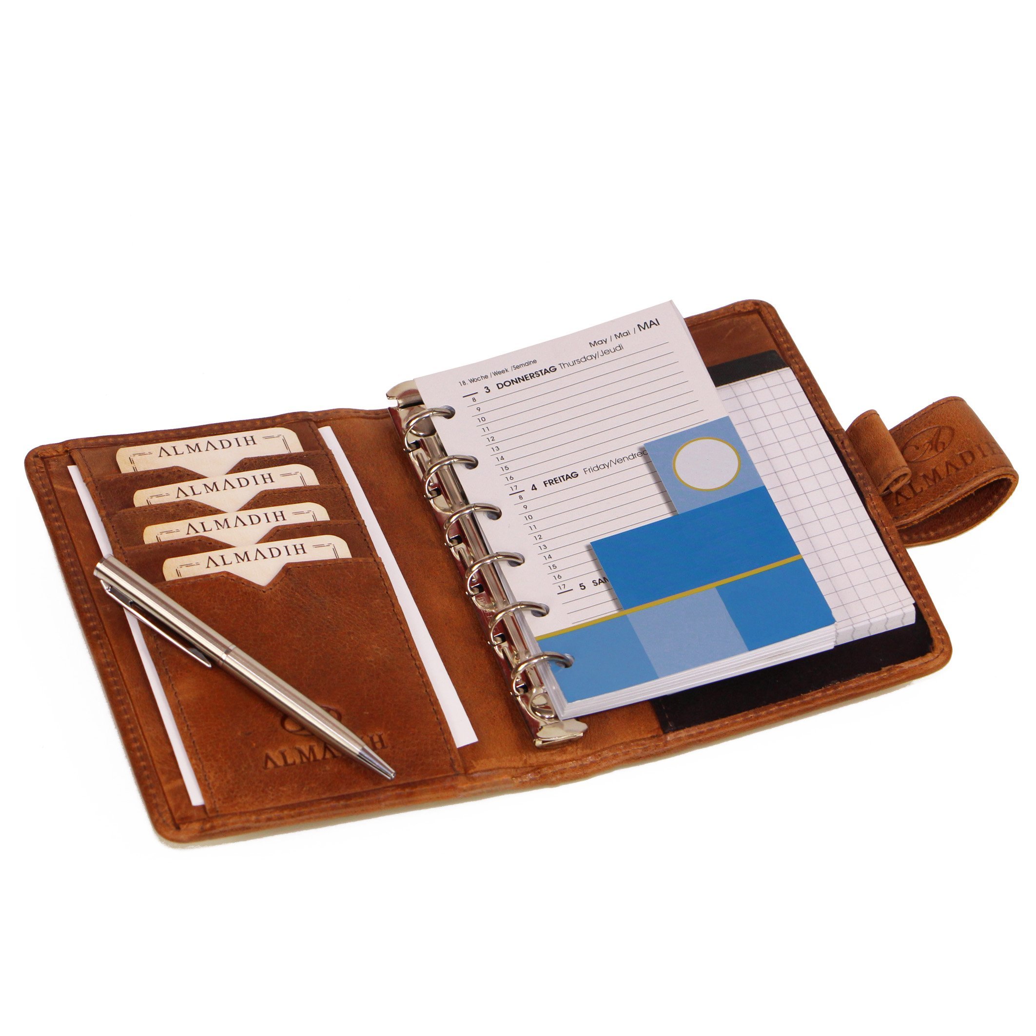 ALMADIH Leather A7 Organizer With Rings, Zipper, Calendar 2025 A7 Writing Pad Made From Premium Cow Leather Brown Vintage With Gift Box - Personal - View #9