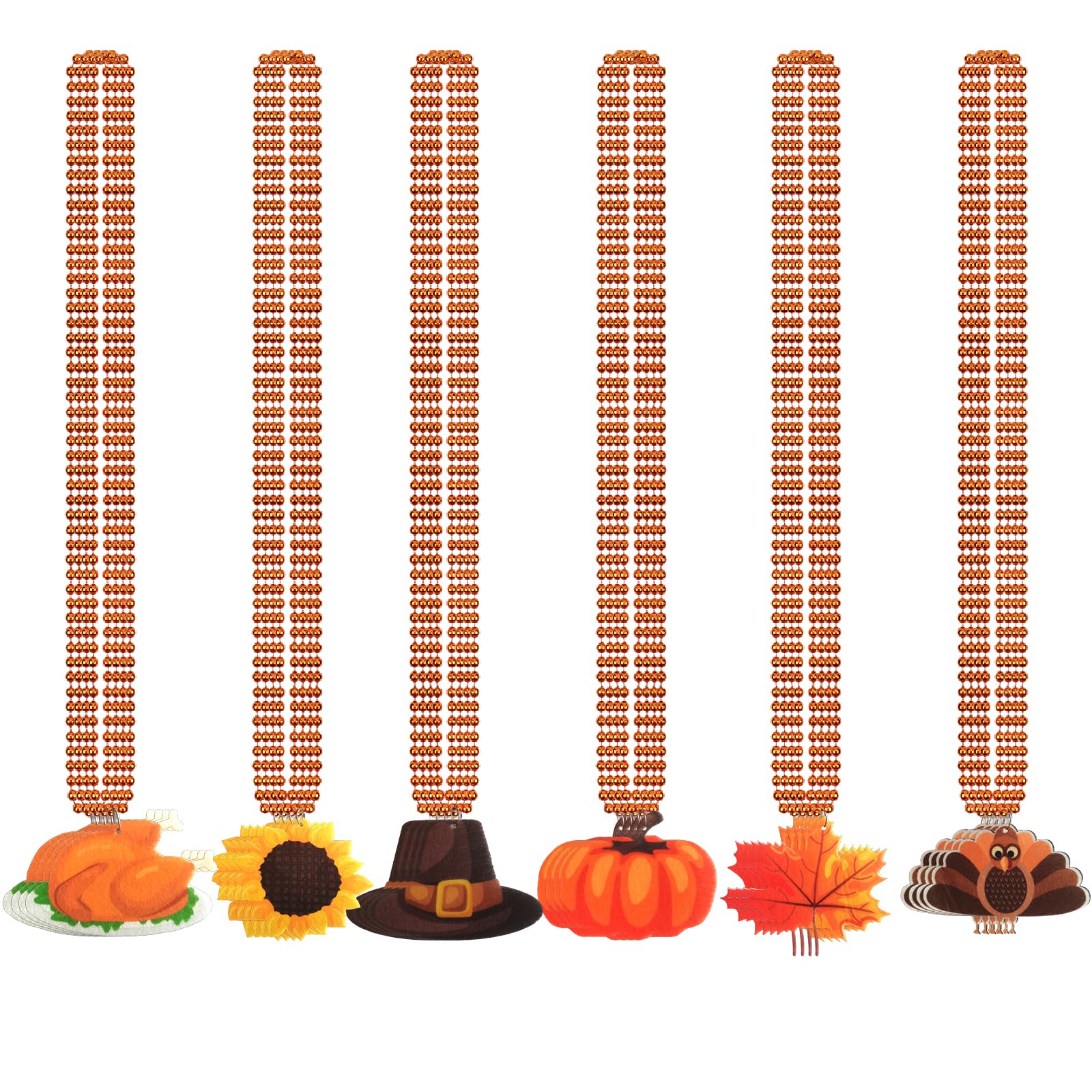 24 Pack Thanksgiving Beaded Necklaces, 31.5 Inch Metallic Orange Beaded Necklaces with Cute Turkey Pumpkin Maple Leaf Felt Pendants for Fall Harvest Festival Decoration, Thanksgiving Party Supplies