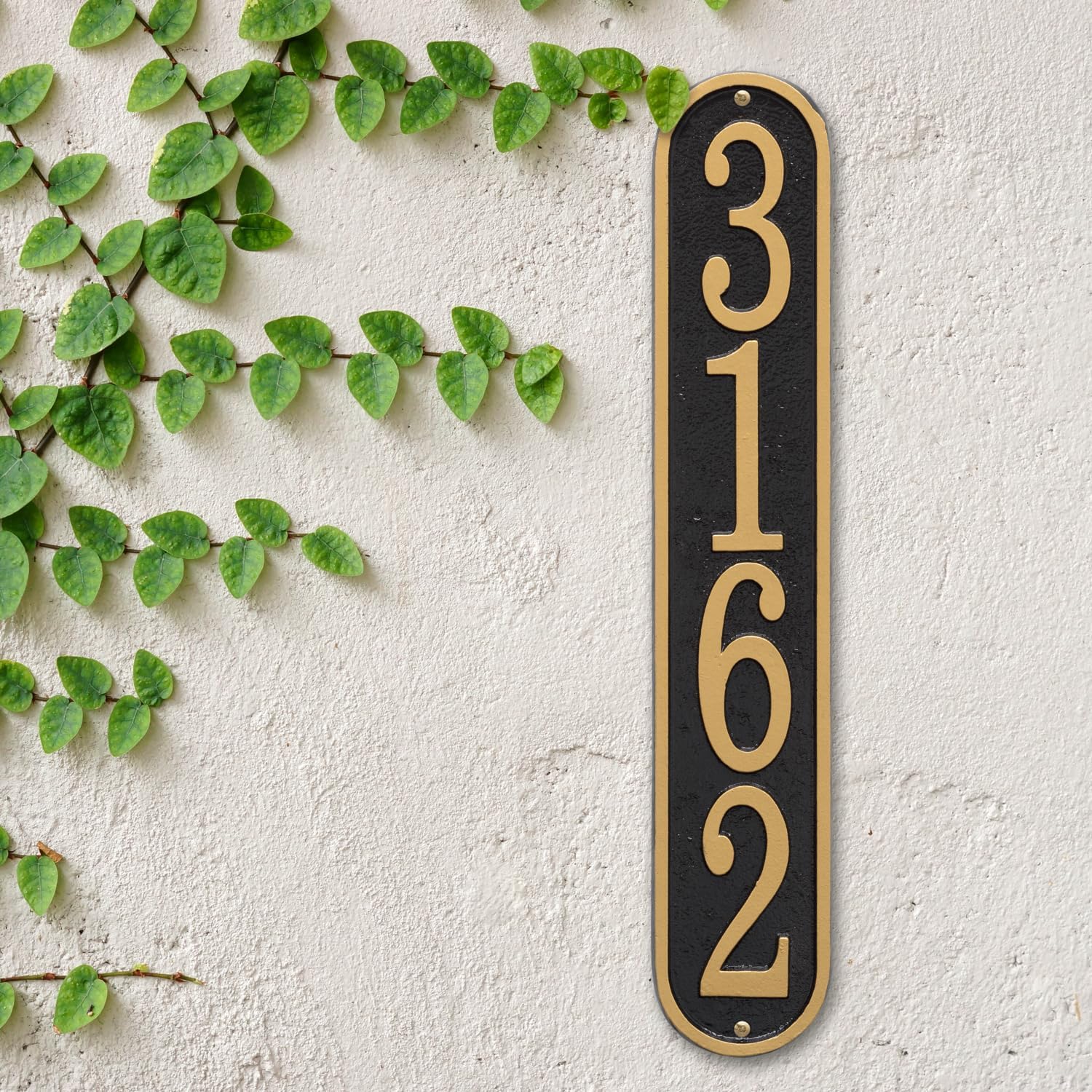 Personalized Vertical House Number Sign - Custom Address Plaque Displays Your House Number - Black With Gold # 68334