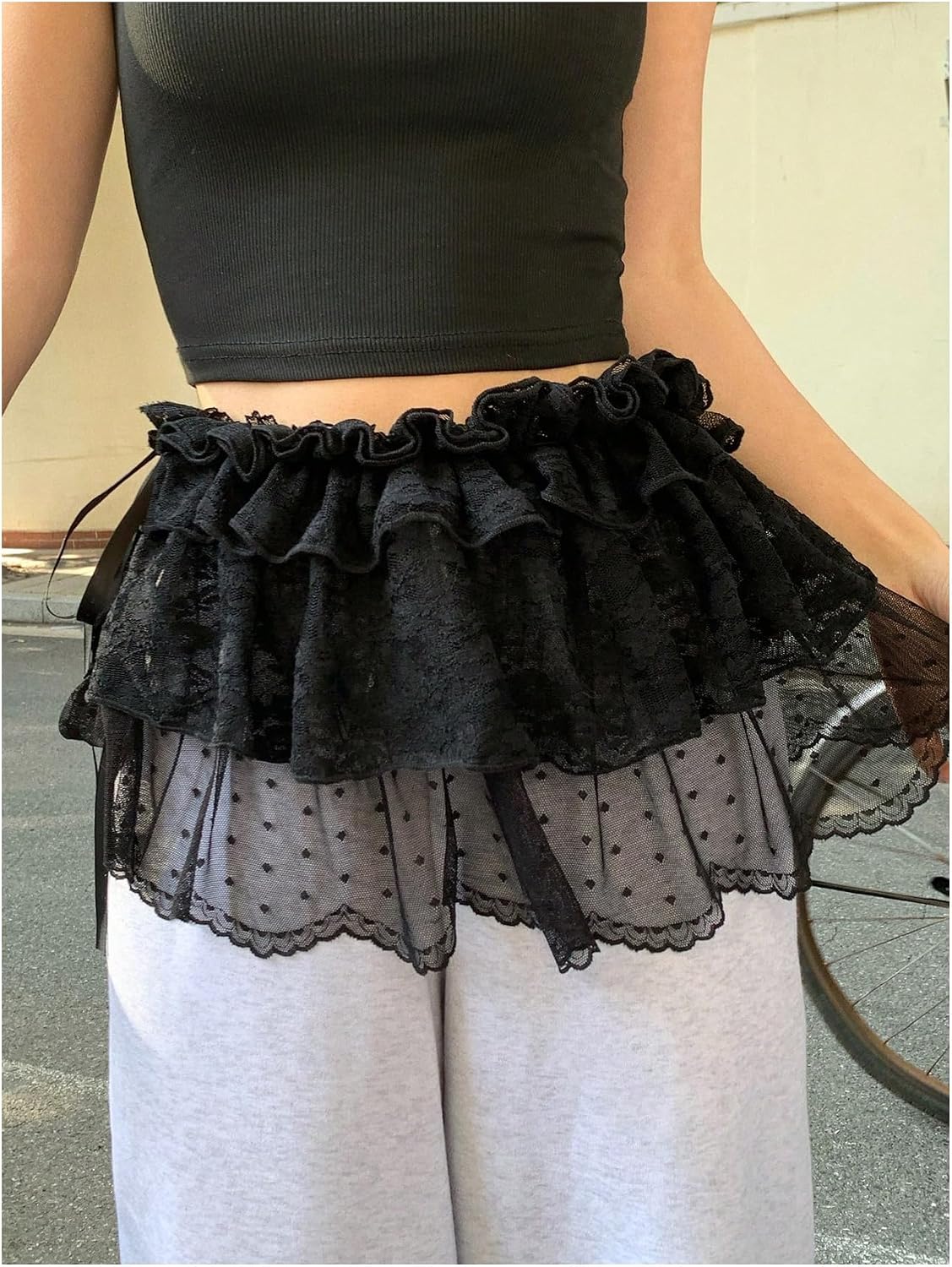 SweatyRocks Women's Sheer Lace Wrap Skirts Tie Side Ruffle Layered Mini Skirt