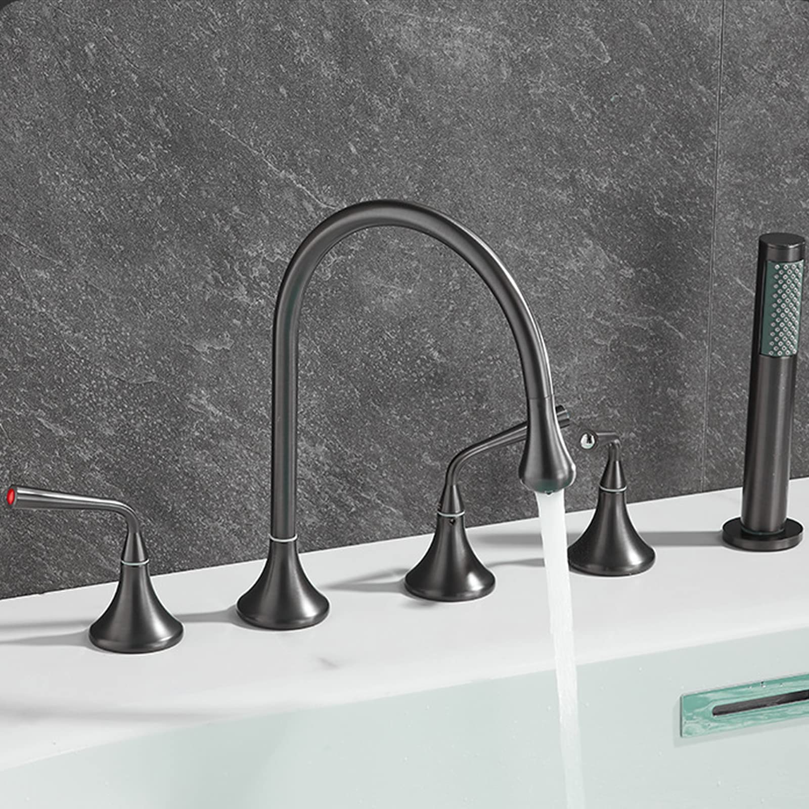 Rubinetto per vasca, rubinetto di riempimento vasca ad alto flusso, rubinetto da bagno diffuso a 5 fori, rubinetto miscelatore a tre maniglie con doccia portatile e beccuccio per vasca, set di