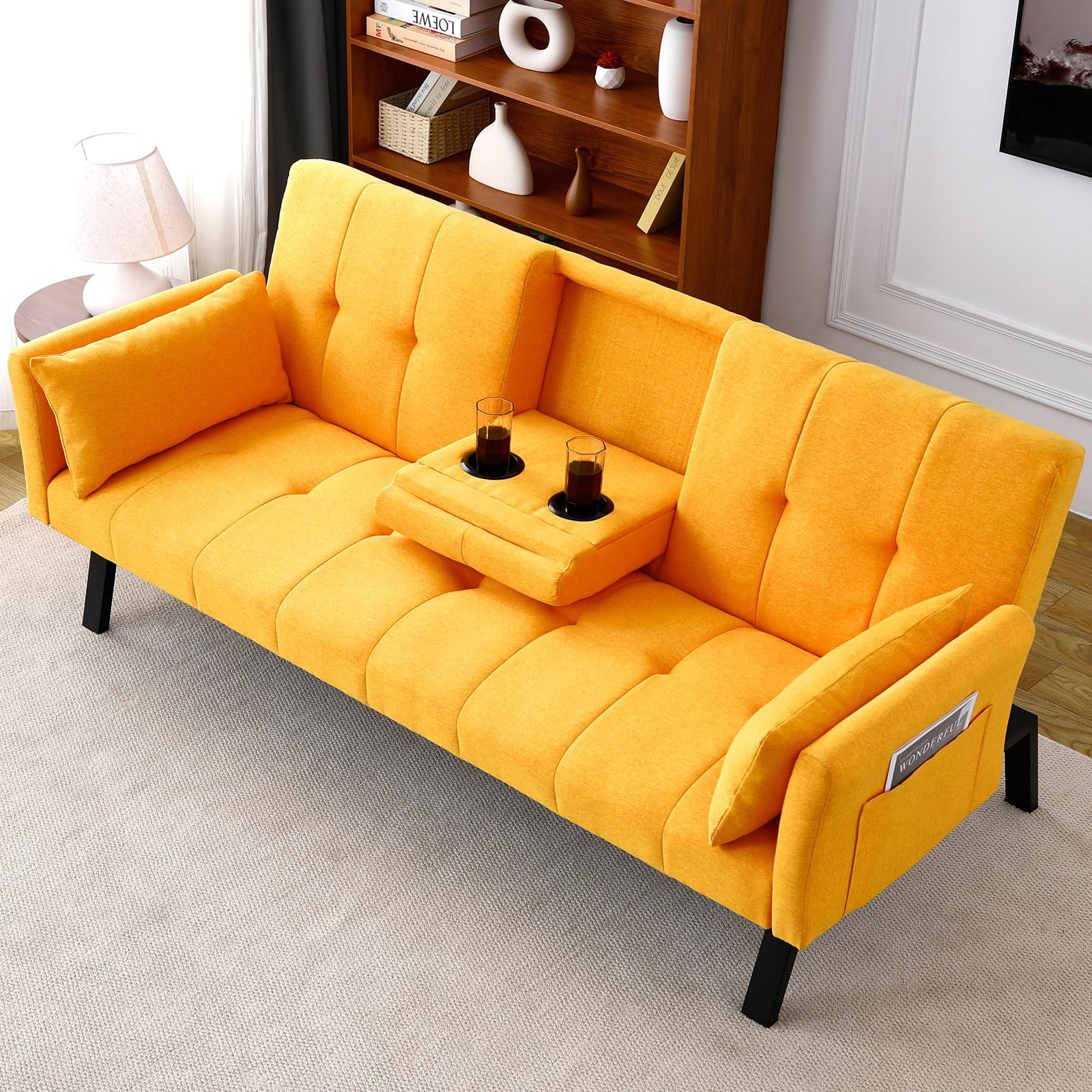 72" Cotton-Linen Futon Couch Living Room Couch Bed Convertible Sleeper Sofa Bed with Cup Holder for Bedroom Guest Bed 2 Seater Reclining Sofas Couches with Nailhead Trim for Small Space (Yellow)