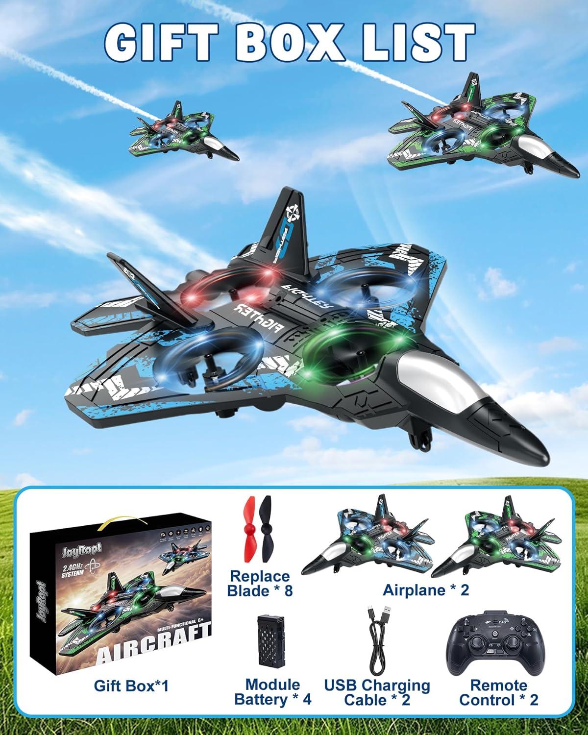 Drones for Kids Form RC Plane, Remote Control Airplane, Aircrafts for Boys and Girls, Jet Helicopter Drones with LED Lights 360° Flip, 4 Rechargeable Batteries Boy Toys (2 Pack)