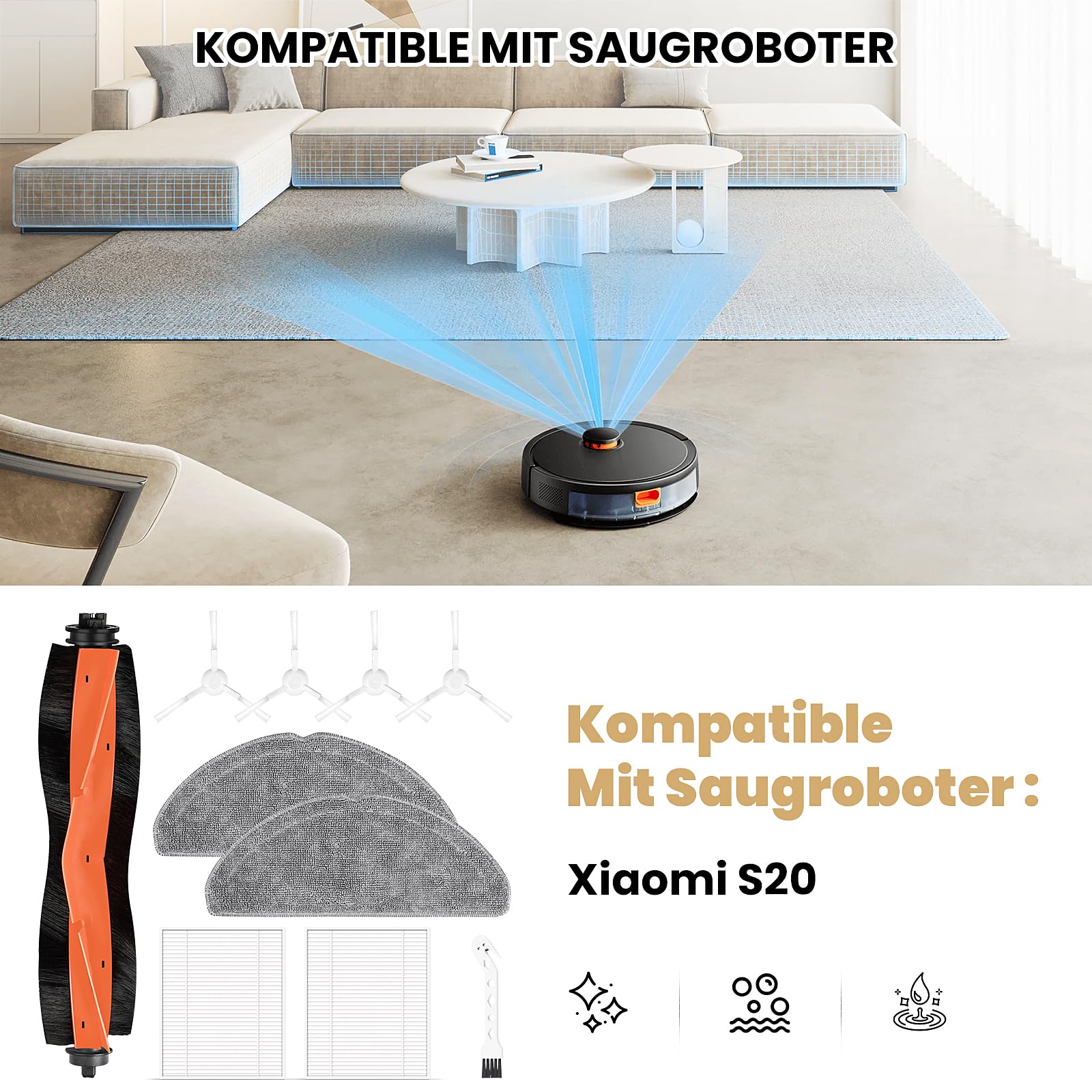 10 sztuk: akcesoria do robota odkurzającego Xiaomi S20, części zamienne, 1 szczotka główna, 2 podkładki, 2 filtry HEPA, 4 szczotki boczne, 1 akcesoria do czyszczenia