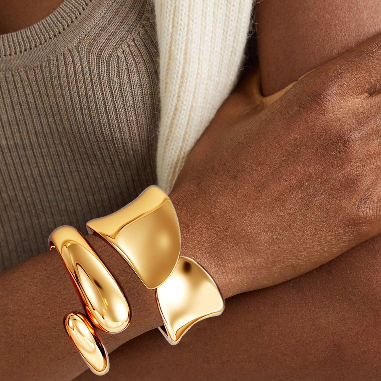 3PCS Gold Bangle Bracelets for Women, Chunky Wide Cuff Bangle, Trendy Hinged Wide Bracelet Irregular Minimalist Bracelet Jewelry - Image 4