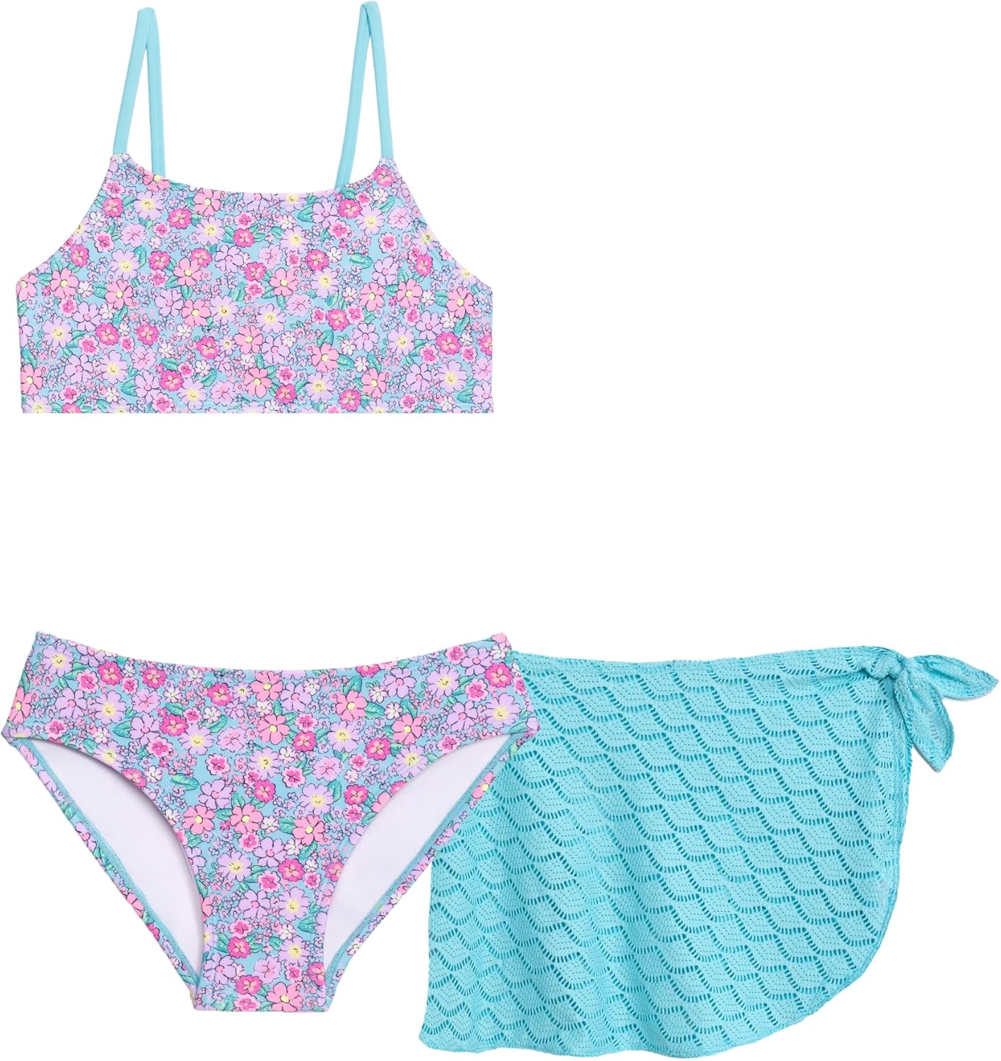 Aqua Green Girls' Bikini with Crochet Sarong Coverup Skirt 3-piece Set