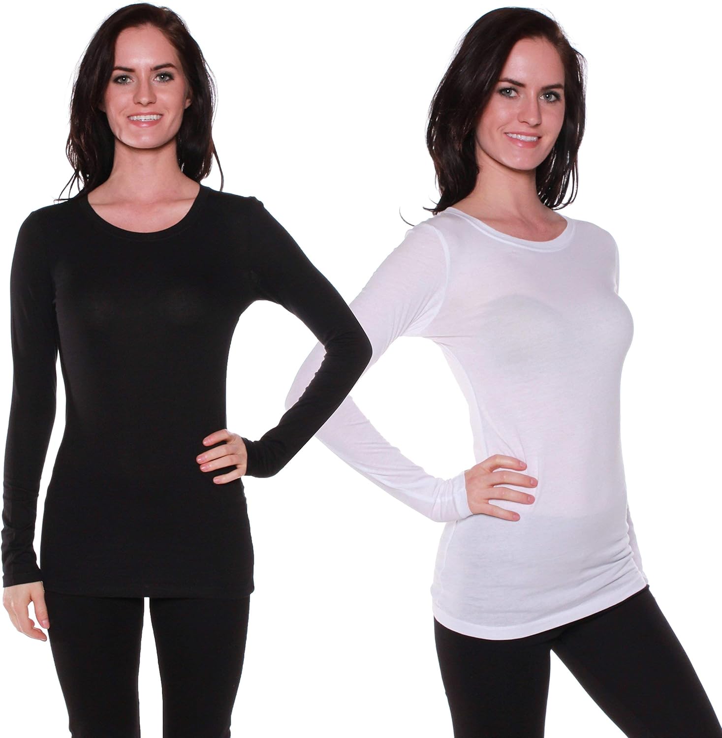 Active Basic Athletic Fitted Plain Long Sleeves Round Crew Neck T Shirt Top;2-pack(Black/White);Medium