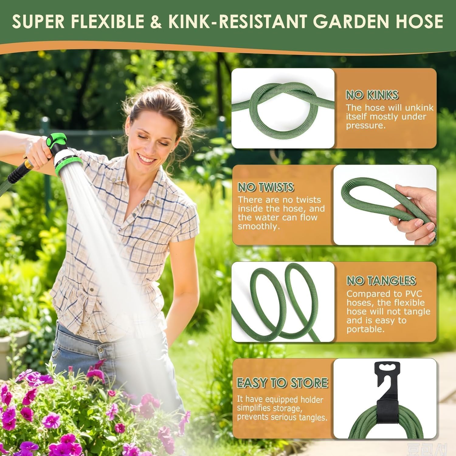 Non-Expandable Garden Hose 100 ft, Ultra Lightweight Flexible Water Hose with 10-Pattern Nozzle, Leak-Proof, High-Density Fabric, Thickened Connector, Shut-Off Valve for Yard, Lawn, Outdoor — view 8