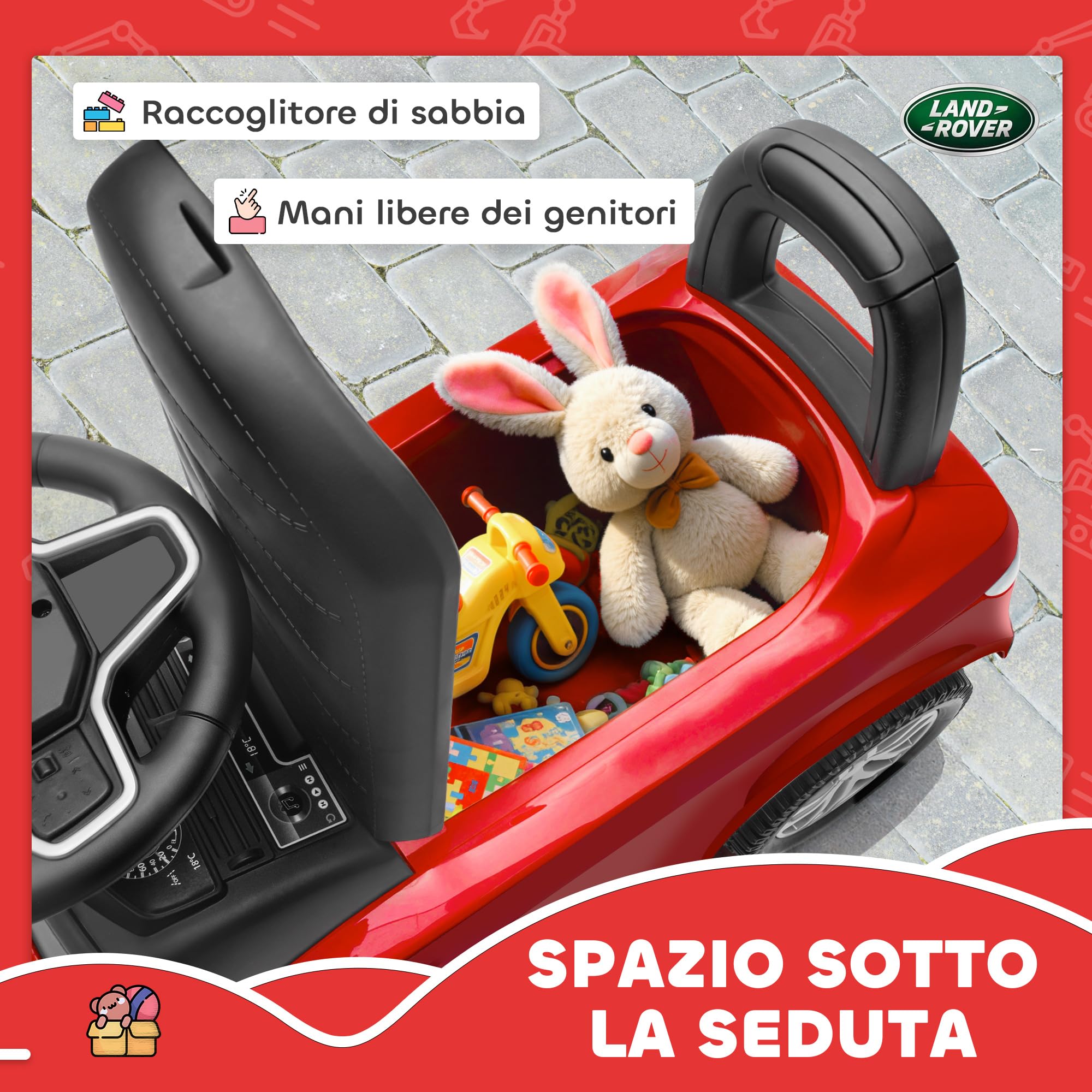 AIYAPLAY Macchina Primi Passi per Bambini Licenza Land Rover Discovery con Clacson e Spazio Portaoggetti, Auto per Bambini in PP e Acciaio, 65.5x28x42 cm, Rosso