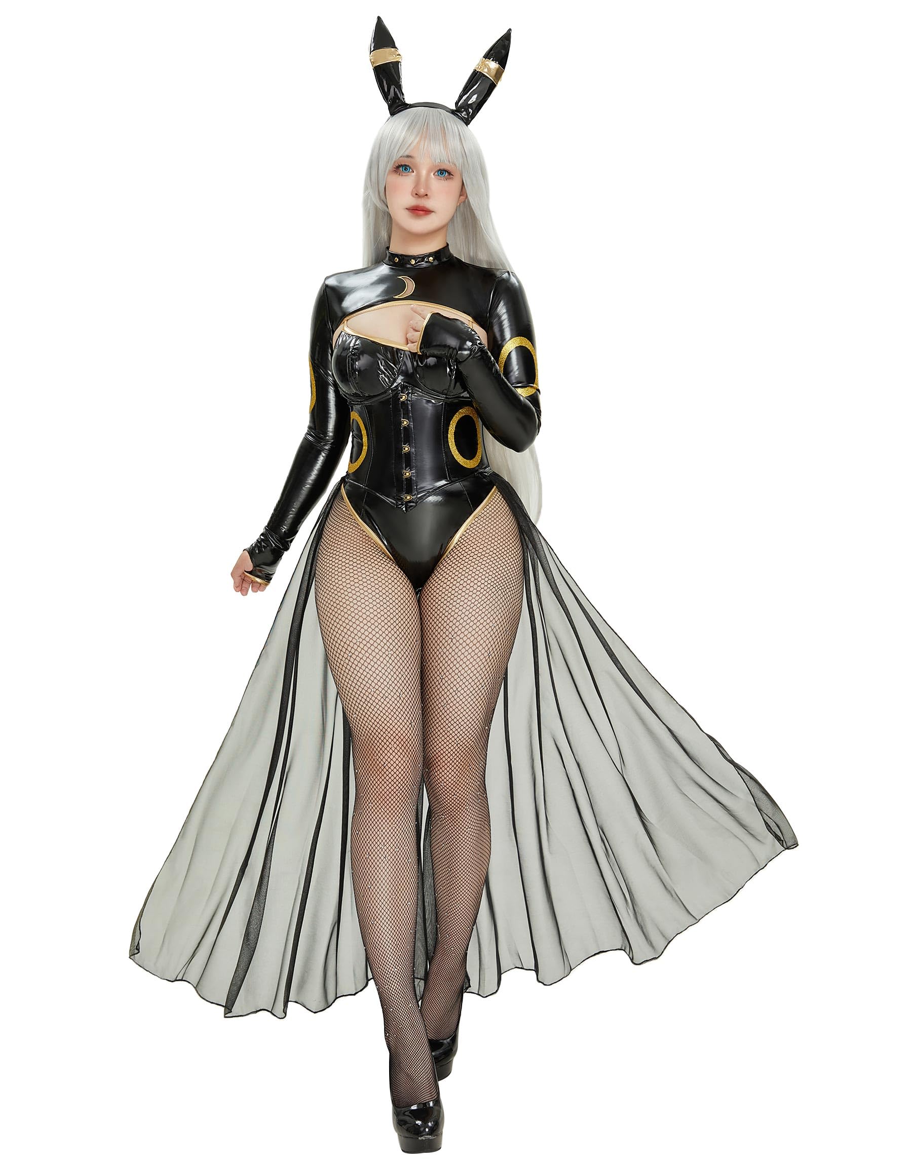 Mobbunny Anime Cosplay Costume for Women Black Bodysuit PU Leather Bodycon and Top with Chiffon Skirt Headband Tail