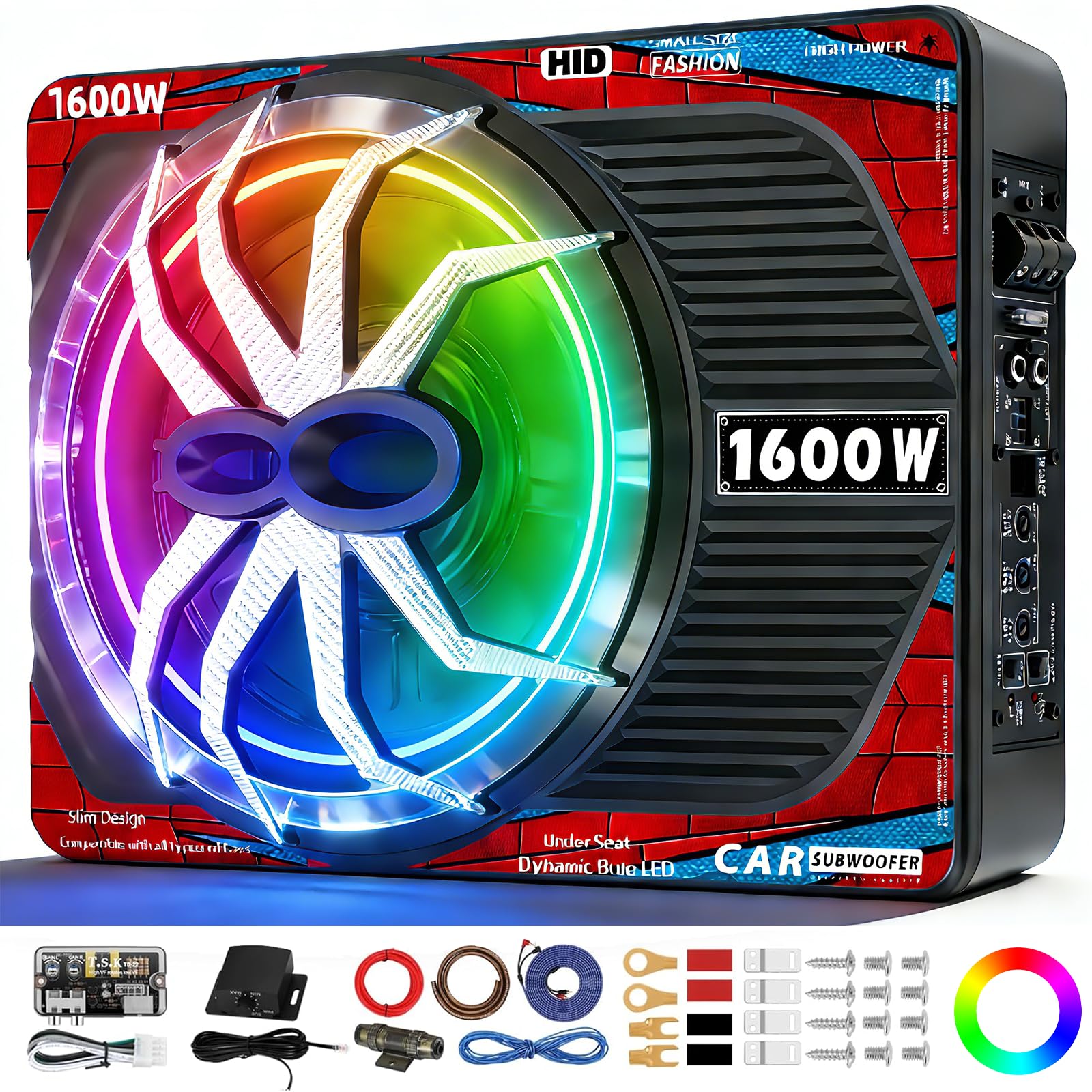 1600W Slim Underseat Car Subwoofer and Amp Package with RGB Beat-Synced Light, Under Seat Subwoofer with Built-in Amp, Class D Powered Subwoofer Car Audio, Deep Bass Subwoofer for Car/Truck
