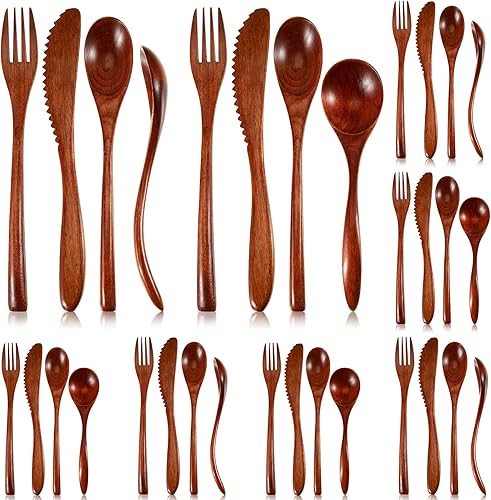EBOOT Juego de 32 tenedores y cucharas de madera para comer, cucharas de madera de cola curvada, cuchillos, cubiertos de madera, viajes, camping,