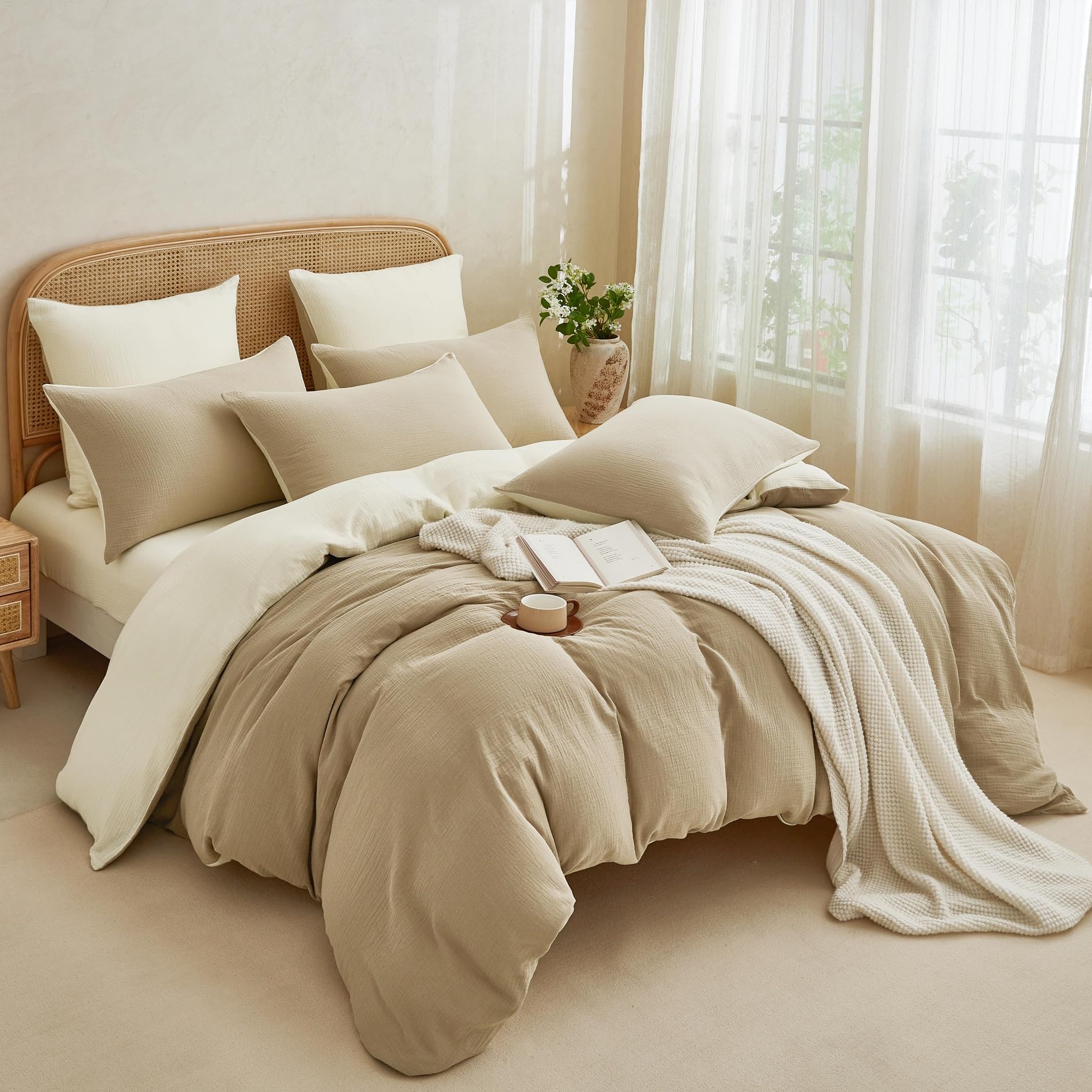 Juego de ropa de cama doble de muselina 135x200, color caqui y beige claro, 100% algodón, muselina, ropa de cama suave, transpirable, acogedora, juego de edredón de 2 piezas con cremallera y