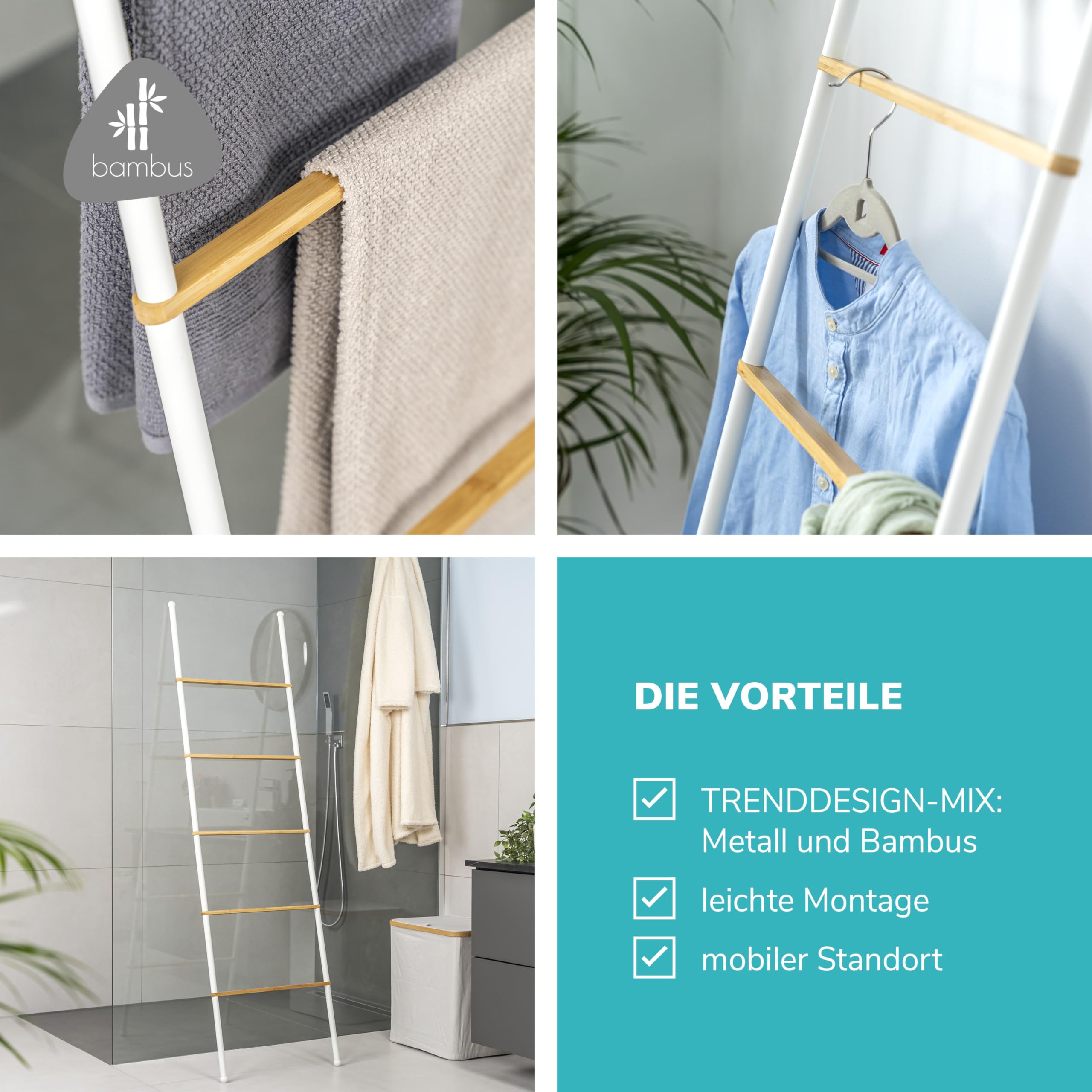 eluno Handtuchleiter, Handtuchhalter mit 5 Handtuchstangen aus Bambus & Metall (Weiß)