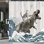 Boziqr Funny Cat Shower Curtain, Cool Cat Dinosaur Japanese Ocean Wave Decor Fabric Bathroom Curtains, Kids Children Rustic Wooden Farmhouse Shower Curtain, 70X70 Inches