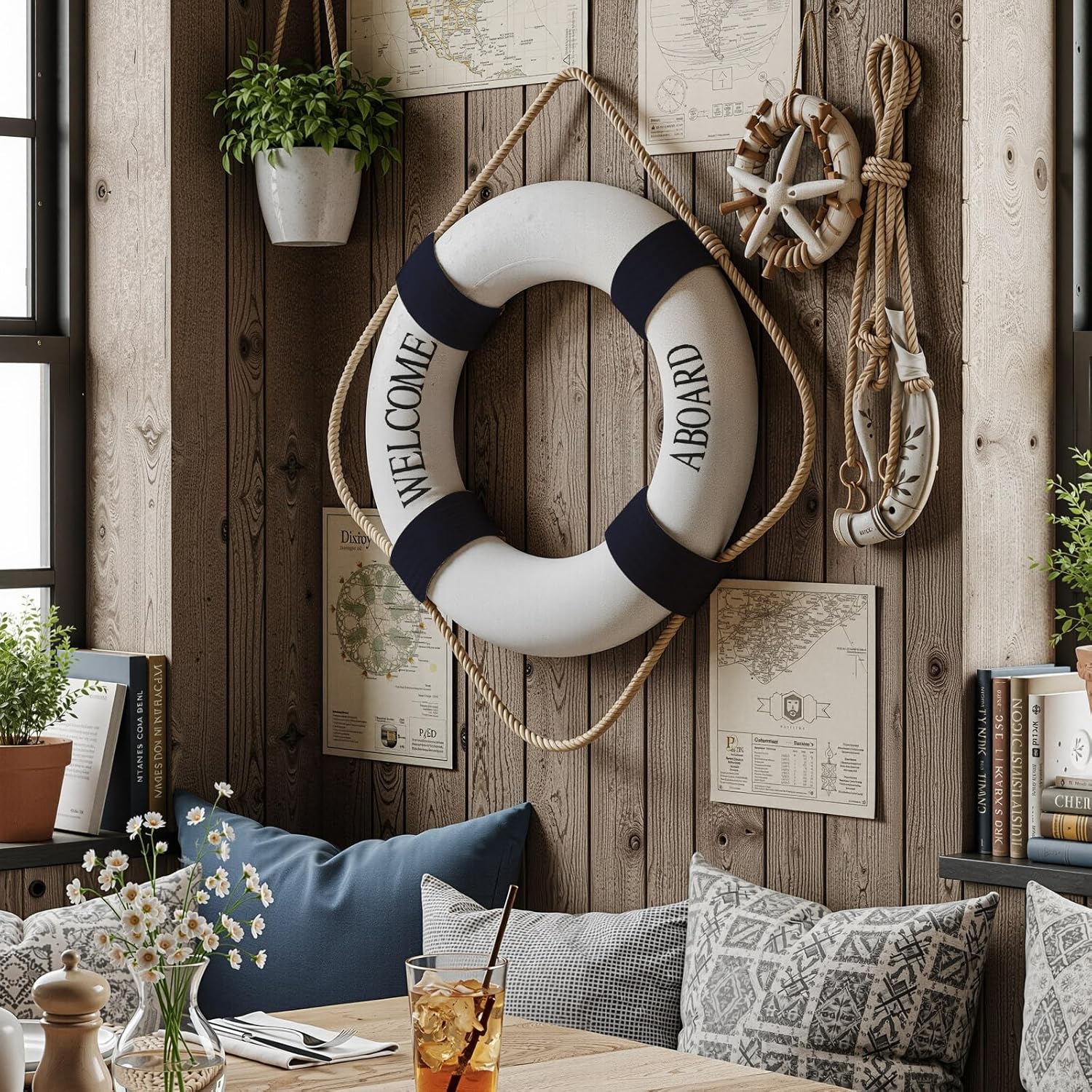Vercraft 2 Pcs Lifebuoy Wall Hanging Decor Large Life Preserver Ring Decorative Welcome Aboard Mediterranean Style Decoration Nautical Pool Safety Ring