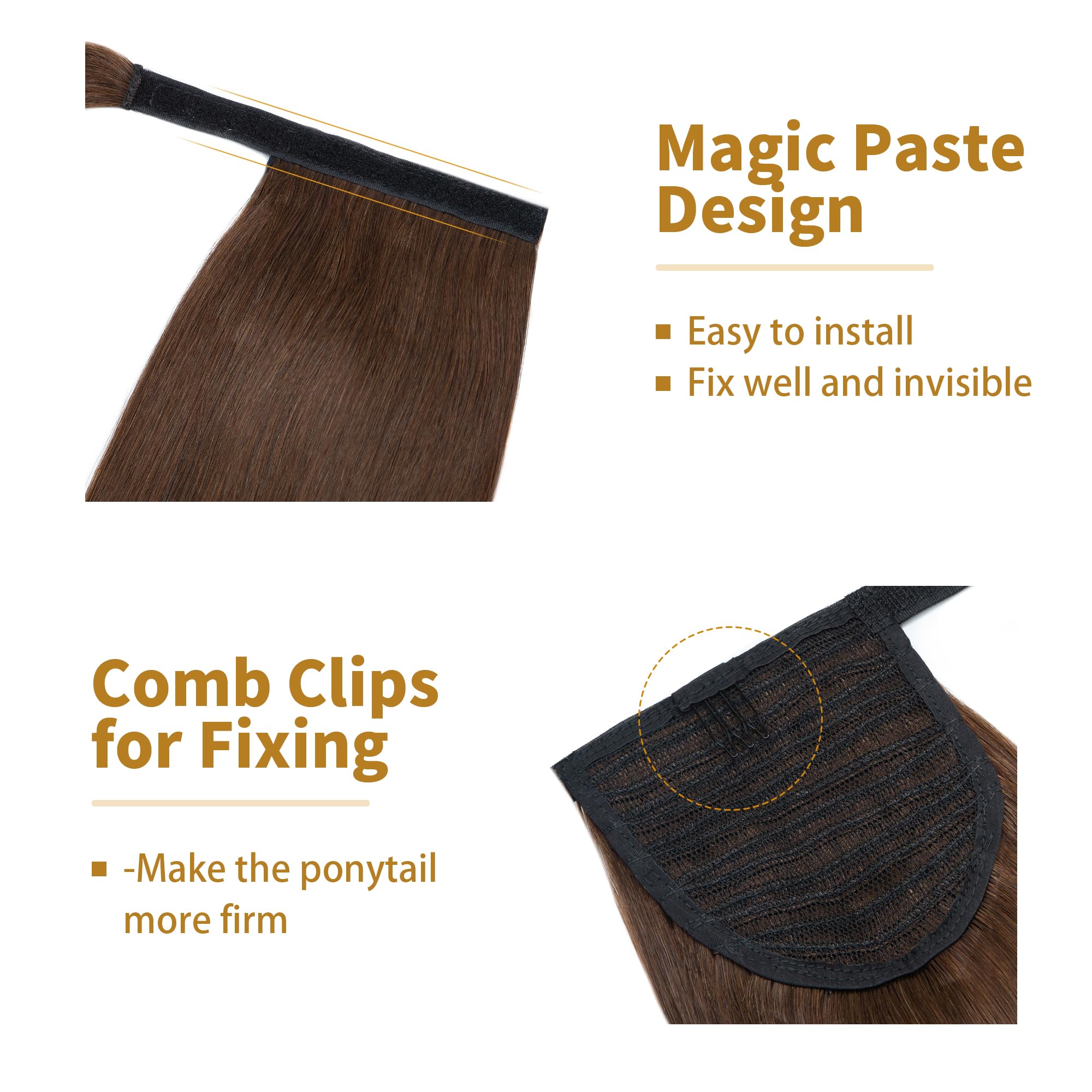 SEGO Extension Coda di Cavallo Capelli Veri Clip Fascia Unica 100% Remy Human Hair Umani Lisci Naturali Ponytail Extensions Aderire 35cm-80g # Castano Cioccolato