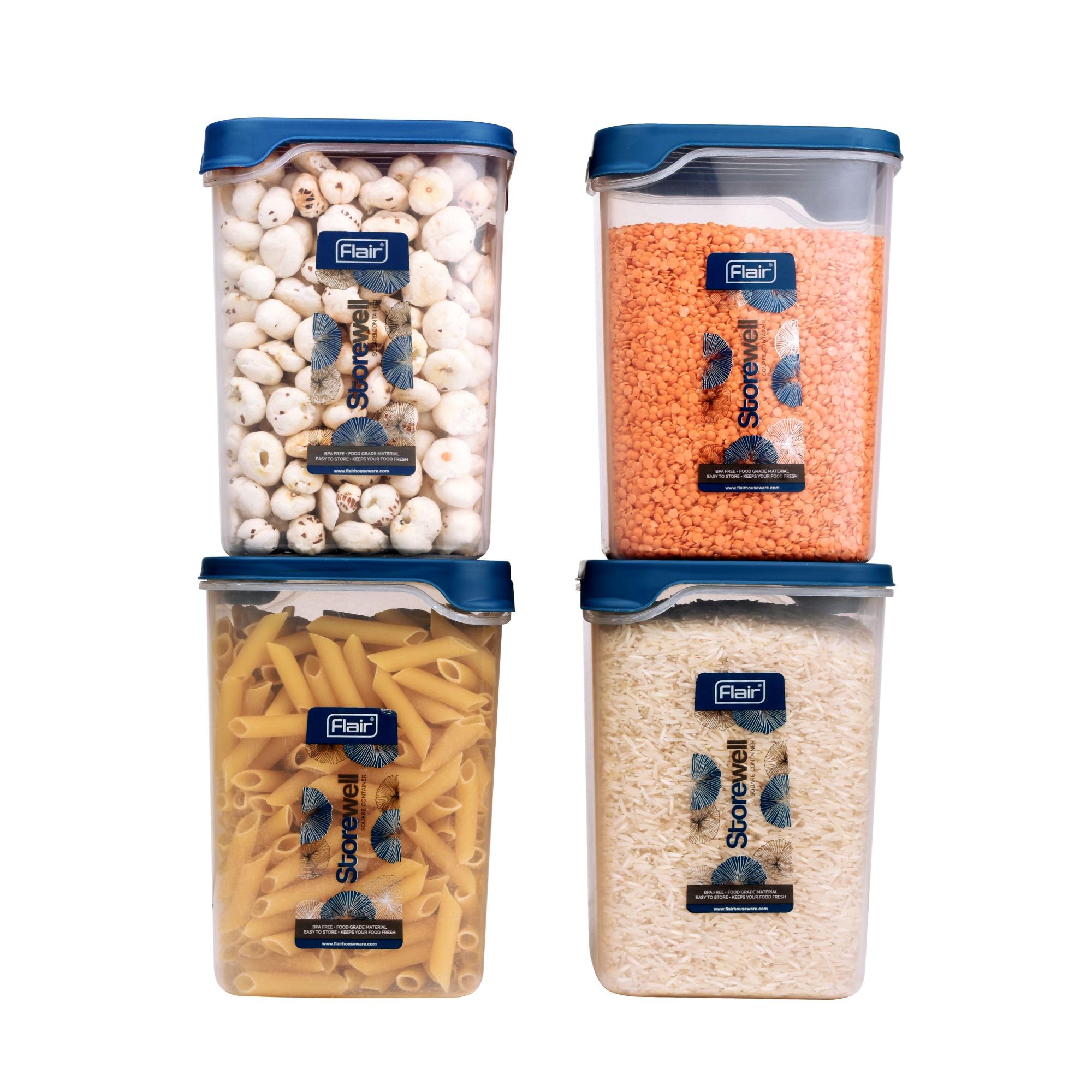 FLAIR Storewell Square Food Storage Containers Set of 4 (2400 ML)- Blue, Air Tight Containers for Kitchen Storage Ideal kitchen box for Rice, Atta and Grains, BPA-Free, Food Grade