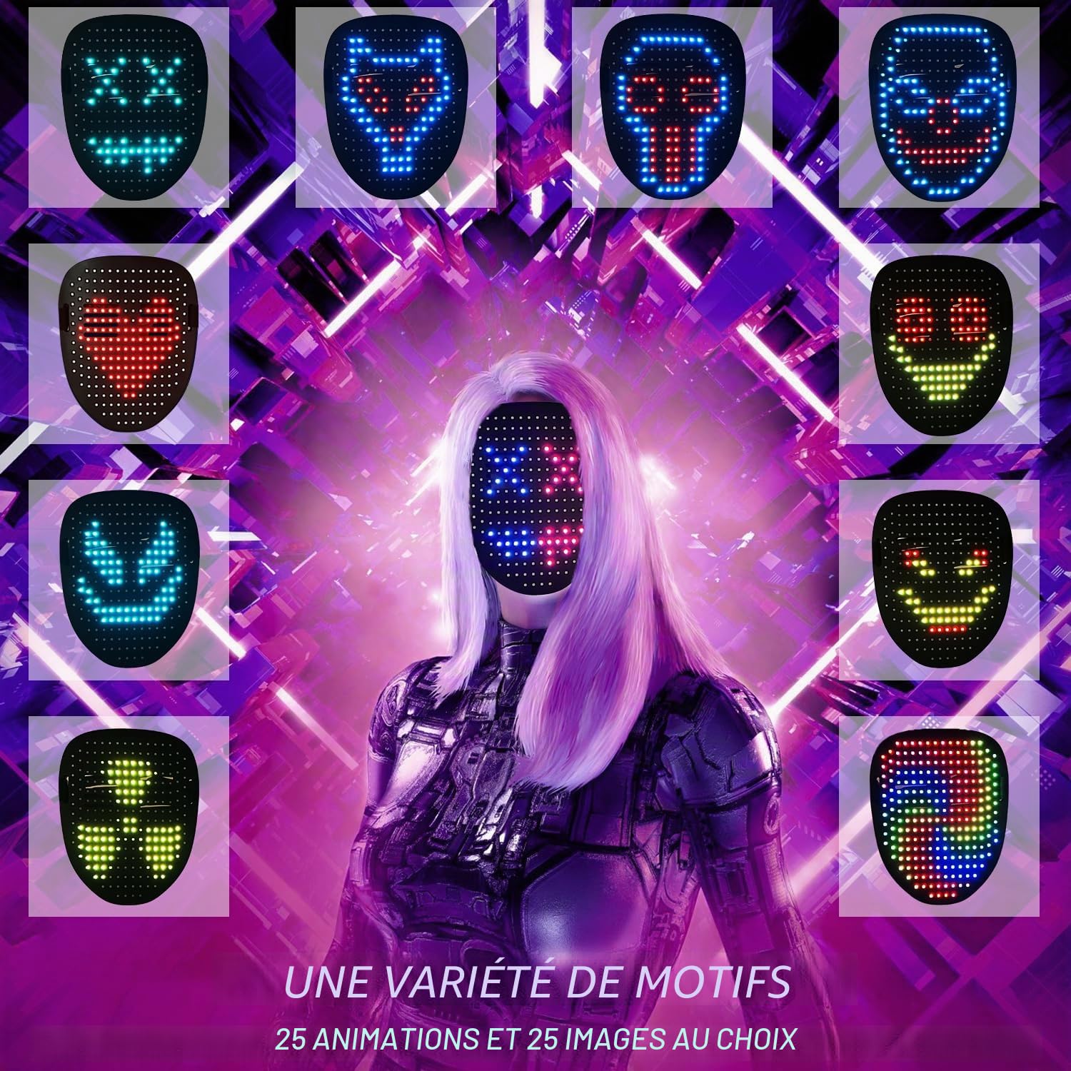 Depointer Life Masque LED avec détection de geste, masque transformant le visage à LED pour costume de cosplay, fête, bal masqué