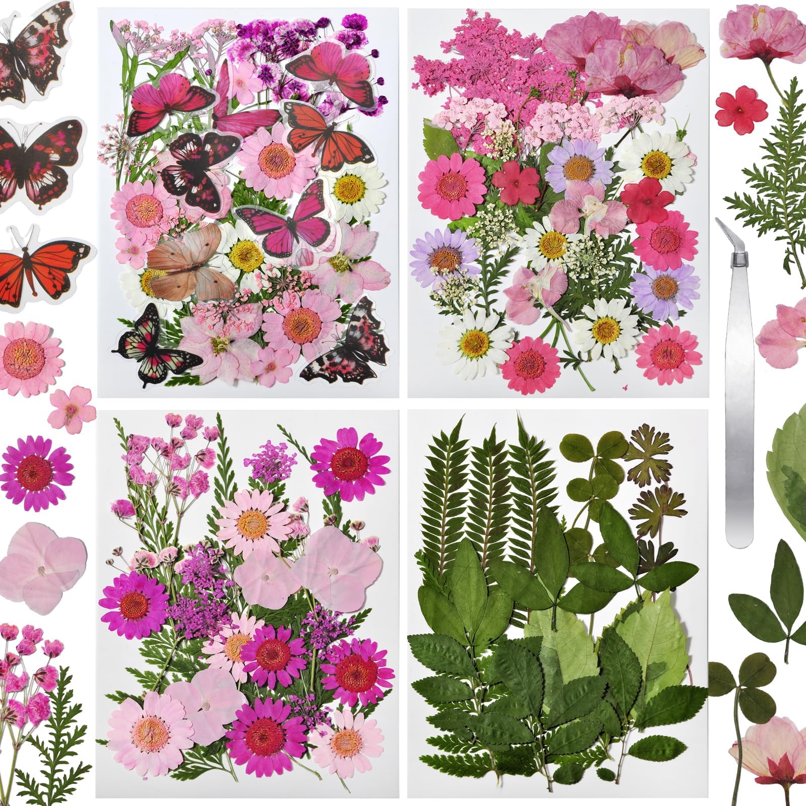 CONVELIFE Dried Flowers for Resin 116Pcs, Pink Real Natural Pressed Flowers with 10 Butterfly Stickers, Dried Leaves kit for Scrapbook Supplies Card