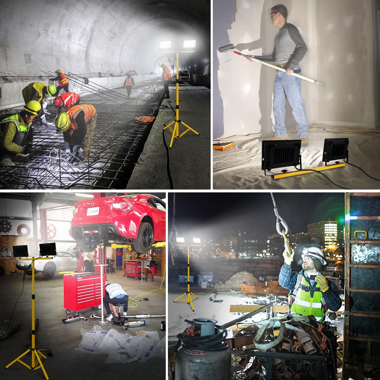 T-SUN Foco LED para Obras 2x60W Con Trípode Telescópico de Metal, 11000LM Trabajo Impermeable IP66, Rotación 360°, para Construcción, Garaje, Taller, Reparaciones, Jardines