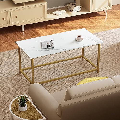 Miniatura 7 de SAYGOER Mesa de centro rectangular de mármol sintético blanco, simple y moderna, mesa de centro minimalista de diseño abierto para sala de estar,