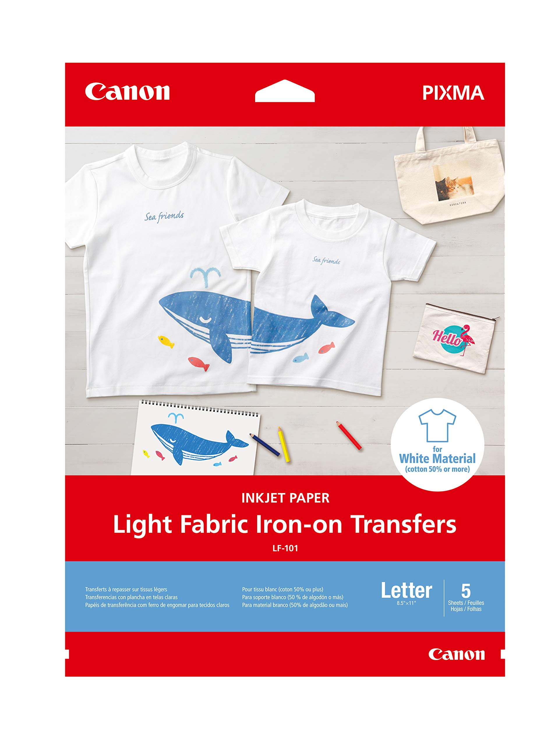 Amazon Com Canon Inkjet Fabric Iron On Transfer Paper For Light Fabrics And T Shirts Print From A Compatible To Canon Inkjet Photo Printers Ts95 Series Ts Tr85 Tr75 Ts63 Ip87 Mg36
