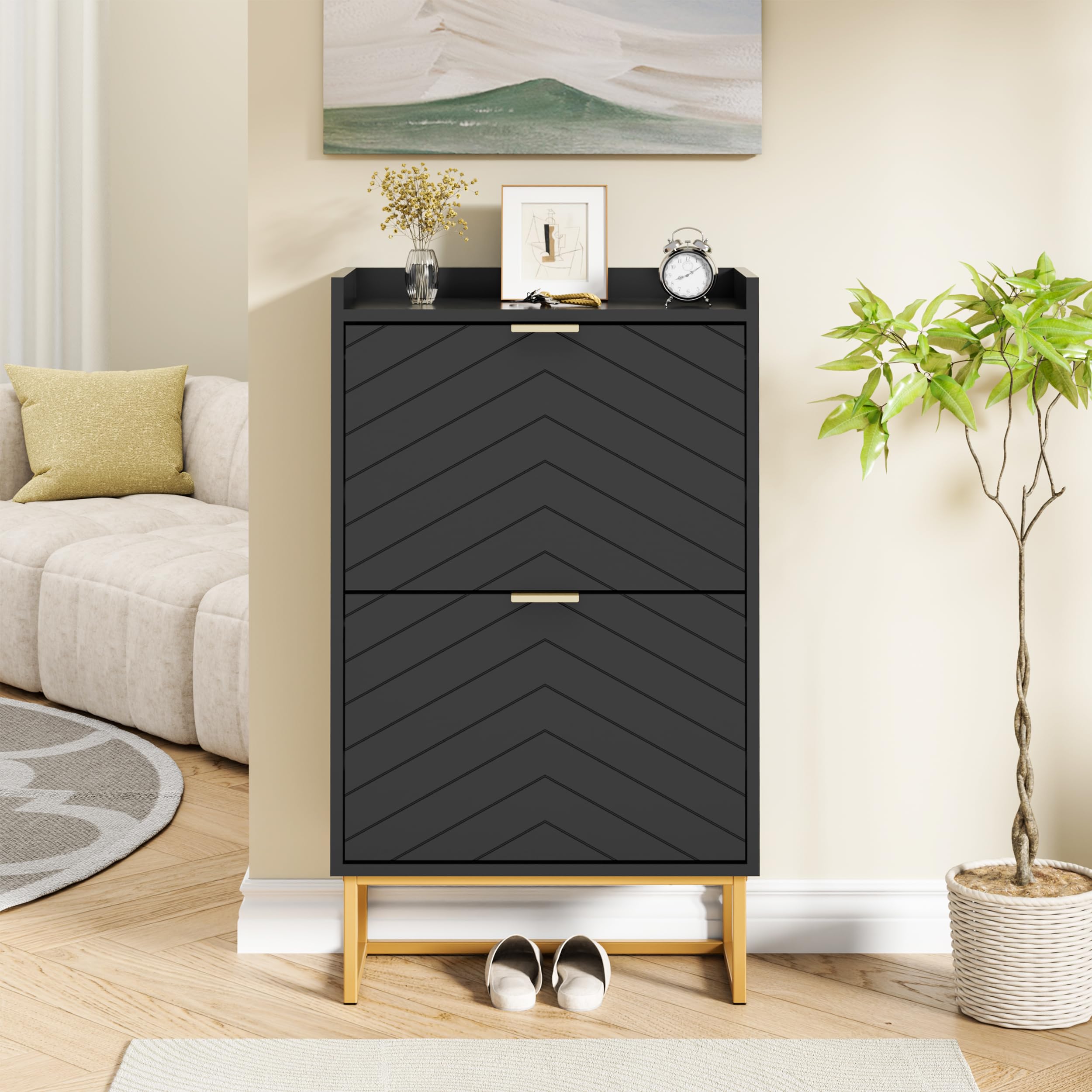UEV Scarpiera, Scarpiera Basculante, con Soffitto con Recinzione, 2 Scomparti, Ripiano Rimovibile o Regolabile in 2 Posizioni, per Ingresso, Corridoio, 50x24x103,5 cm, Nero