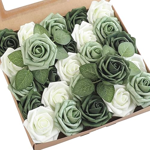 Floroom Artificial Flowers 25pcs Real Looking Sage Green & Emerald