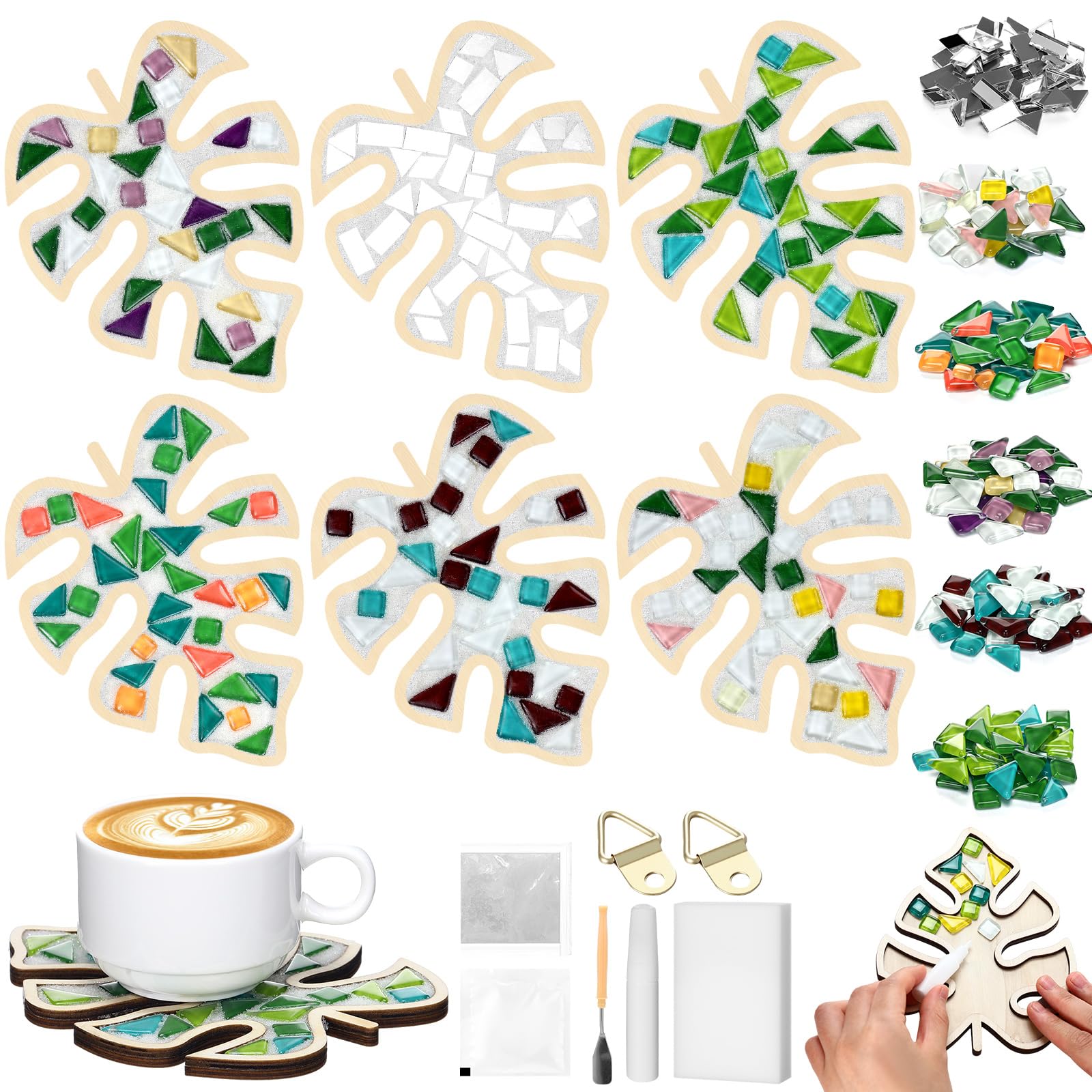 Honeydak 6 Set DIY Glass Mosaic Tile for Craft,Tropical Leaf,Subdued Color