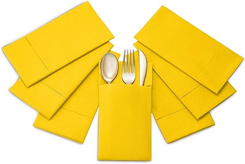 Miniatura 9 de Paquete de 50 servilletas desechables de lino con bolsillo integrado para cubiertos, color amarillo, como servilletas de papel para cenas, bodas o