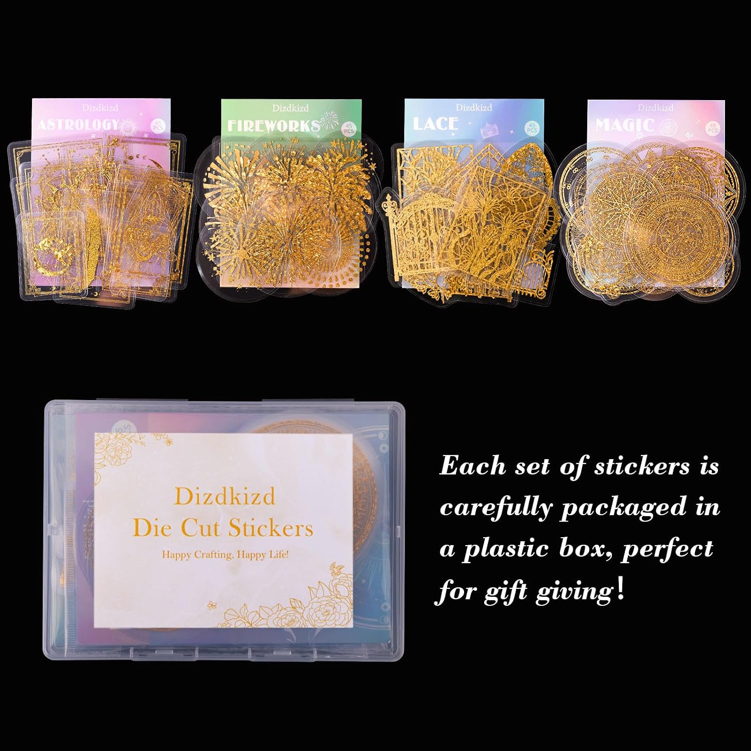 Dizdkizd Pre Cut Gold Holographic Stickers, 180 Pieces Large Size Glitter Transparent Resin Sticker Decals for Scrapbooking Crafts Laptop Gift Wraps Water Bottles Art