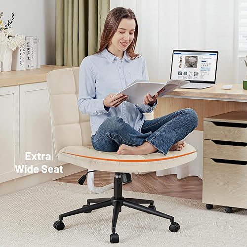 Miniatura 4 de Furniliving Silla de escritorio de oficina en casa con ruedas, silla ancha con patas cruzadas, silla ajustable de altura sin brazos con respaldo