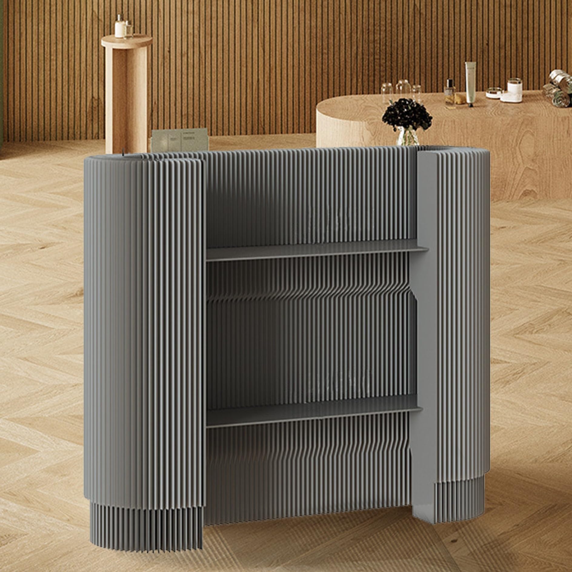 Modern Reception Desk, Retail Checkout Counter, Curved Portable Check Out Stand for Craft Shows, Display Rack, for Small Spaces, Bar, Store, Hotel, Lobby (Grey)