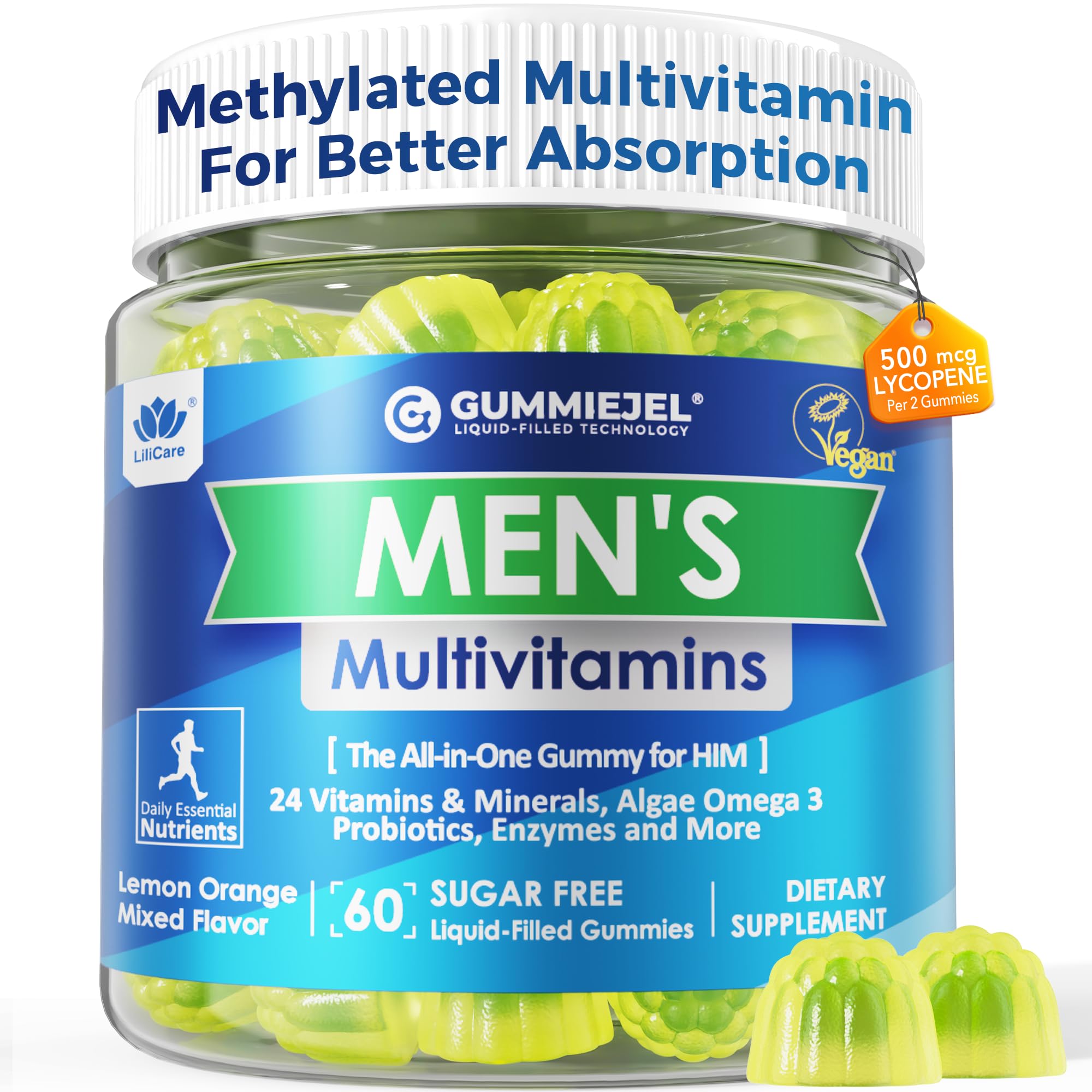 Mens Multivitamins Gummies + Vegan Omega 3 for Man Daily Wellness, 60 Cts 60 Count (Pack of 1)