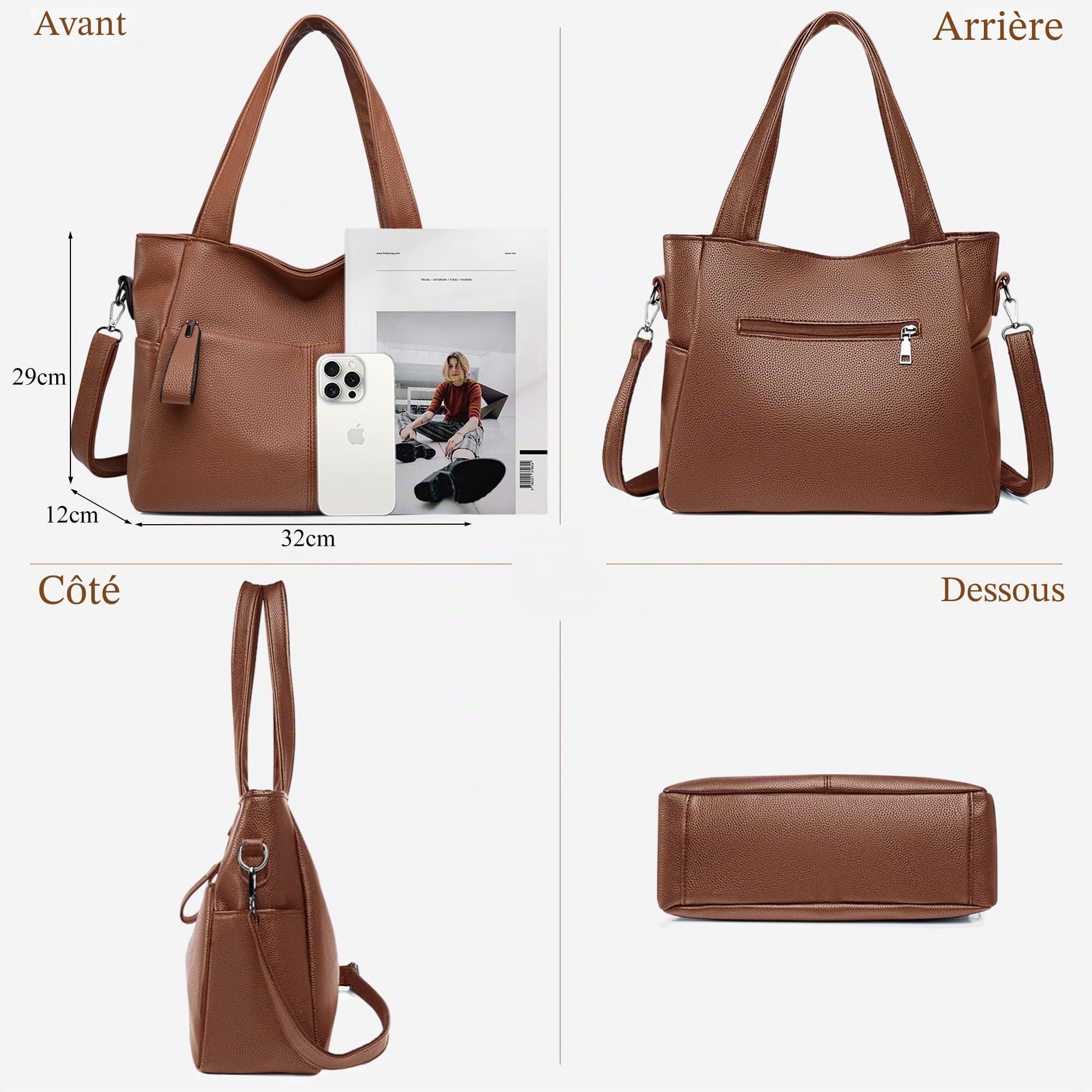 Sac Shopper Femme Moyen En PU Imperméable, Main Élégant Multi Compartiments, Bandoulière Réglable, Pratique Quotidien Pour Travail, Voyage, Shopping, Loisirs