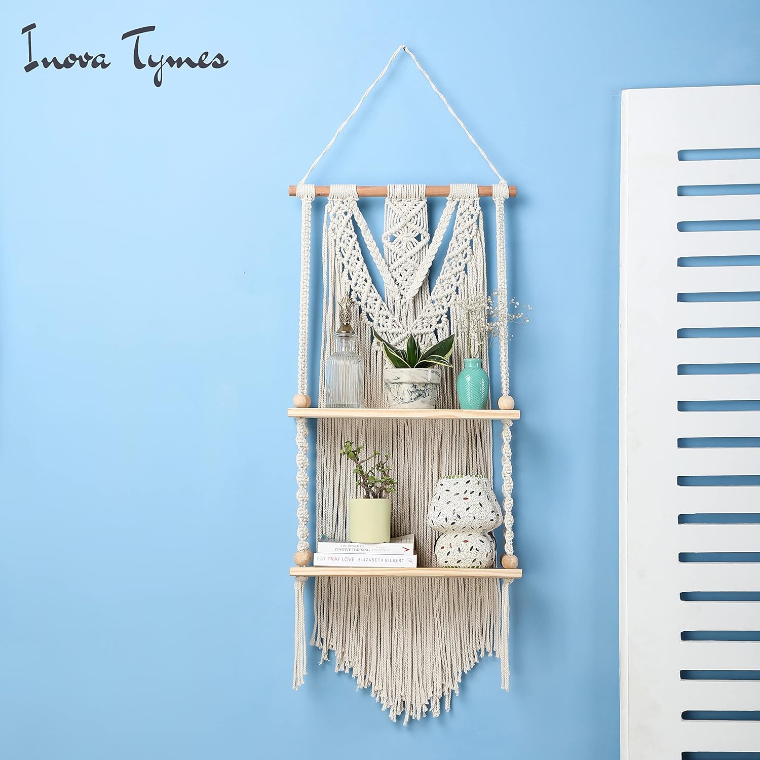 Macrame Wall Hanging Shelf - Boho Shelves Bedroom Decor | Macrame Wall Decor for Kitchen, Plant Hanger Shelves, Woven Rope Floating Shelves & Home Storage Organizer - 2 Tier