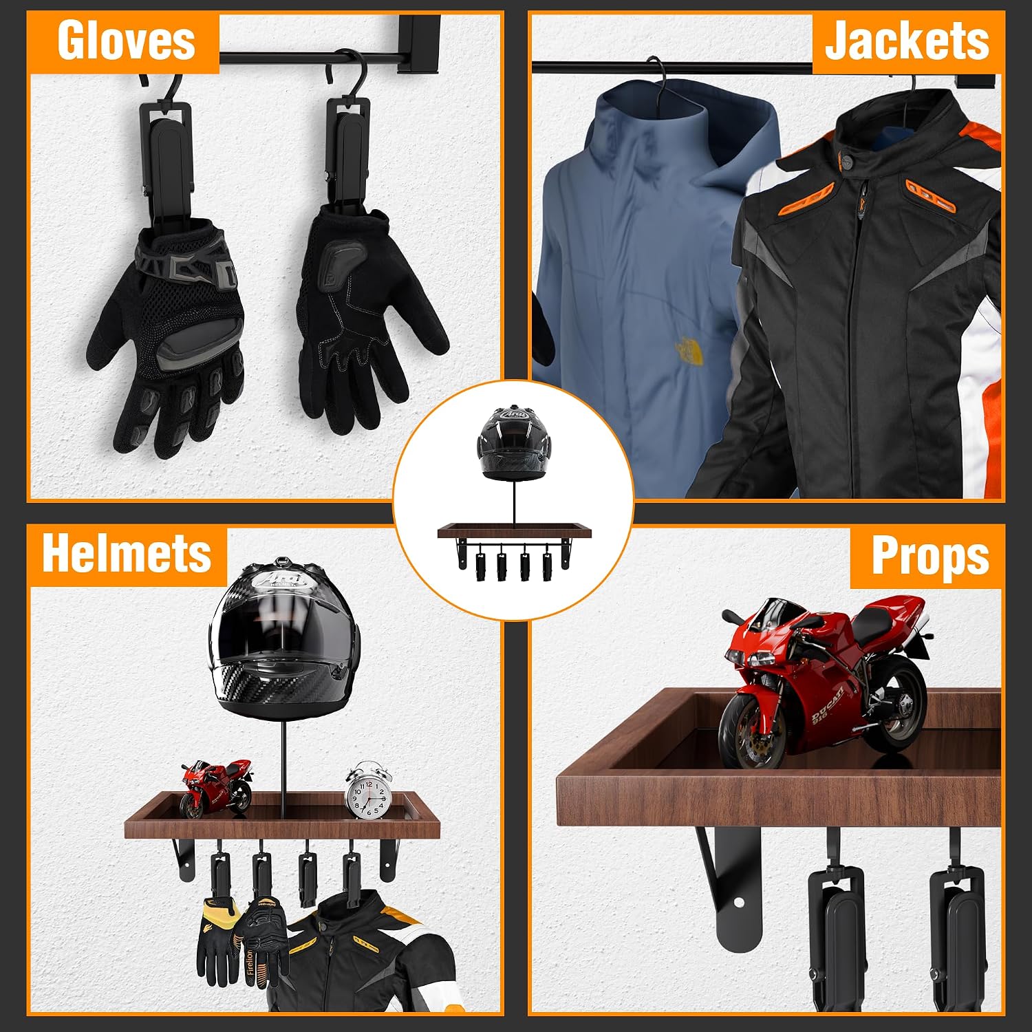 Motorcycle Helmet Holder Wall Mount, Heavy-Duty Metal Helmet Rack with Glove Clips & Gear Hanger, Universal Helmet Hanger Wall Mount for Motorcycle/Bike/Snowboard Helmets