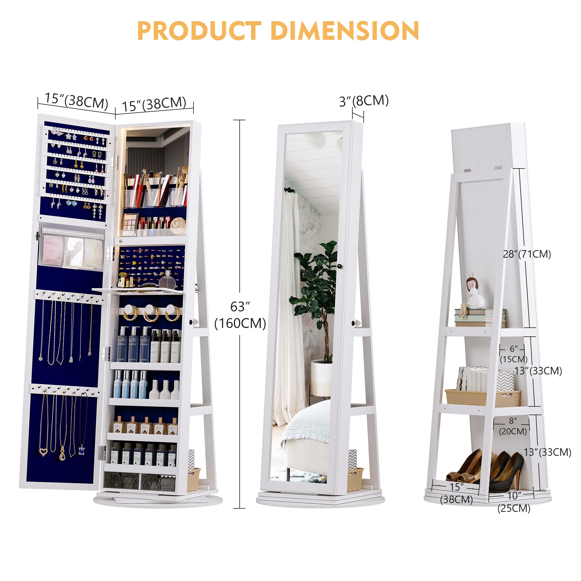 Lvifur 360° Rotating Full Length Mirror Jewelry Armoire, 63” Large Capacity Jewelry Organizer Armoire, Lockable Jewelry Mirror Cabinet with Rear Storage Shelves