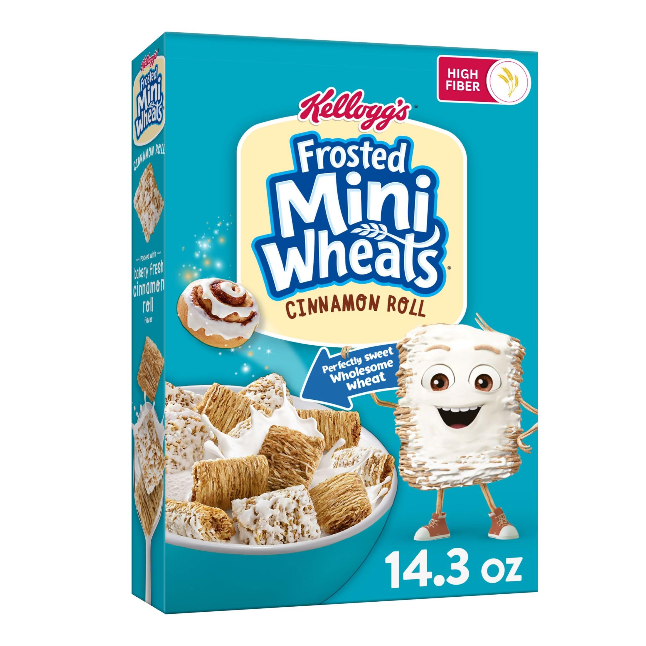 Frosted Mini-Wheats Kellogg's Cold Breakfast Cereal, Fiber Cereal, Whole Grain, Cinnamon Roll, 14.3oz Box (1 Box)