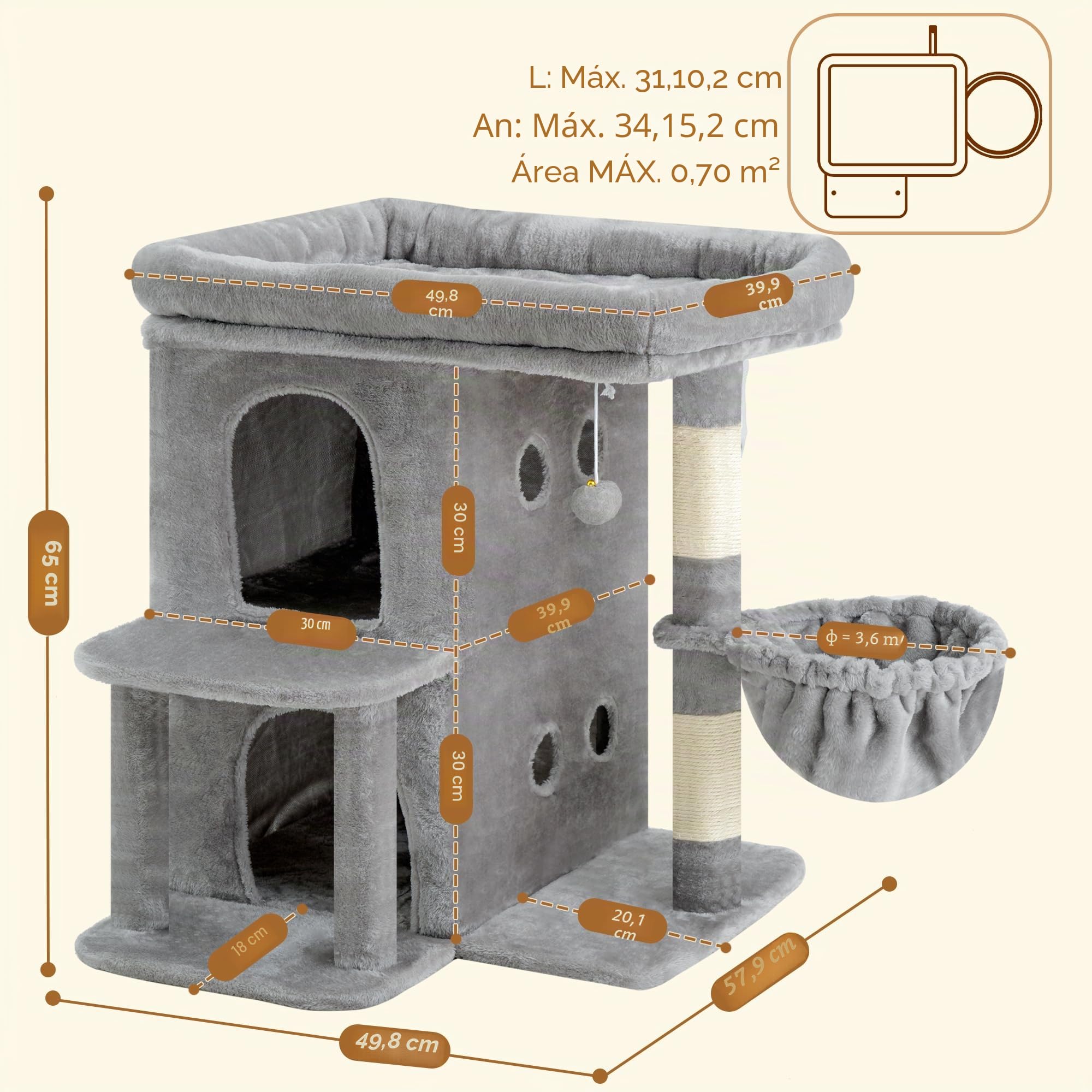 Heybly Árbol para Gatos, 65 cm de Altura, con una Plataforma Superior Extragrande, Cesta para Gatos de Dos Pisos, Rascador de Sisal, Cesta y Juguetes para Gatos, Gris Claro HCT204SW