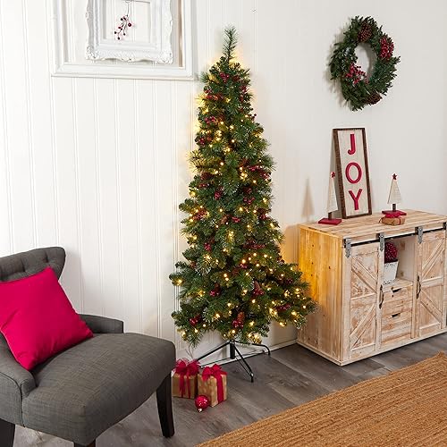 Vista 9 de Nearly Natural Árbol de Navidad artificial de pino de montaña de Montreal con parte trasera plana de 6 pies con piñas, bayas y 150 luces LED blancas