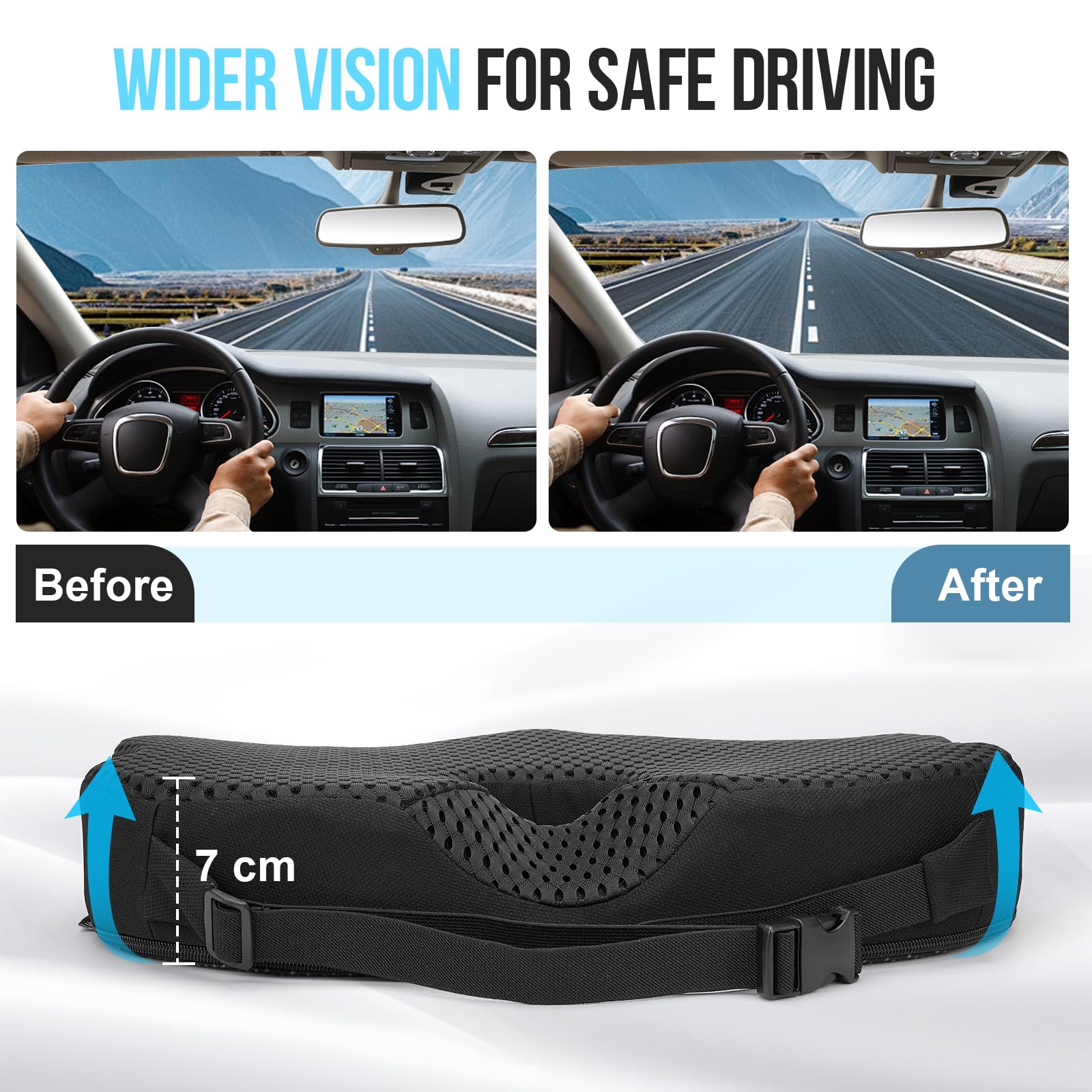 Cojín de Asiento para Coche – Cojín Elevador Ergonómico de Espuma Viscoelástica con Base Antideslizante y Correa Ajustable – Cojin Coche Conductor para Automóvil, Camión, Vehículo