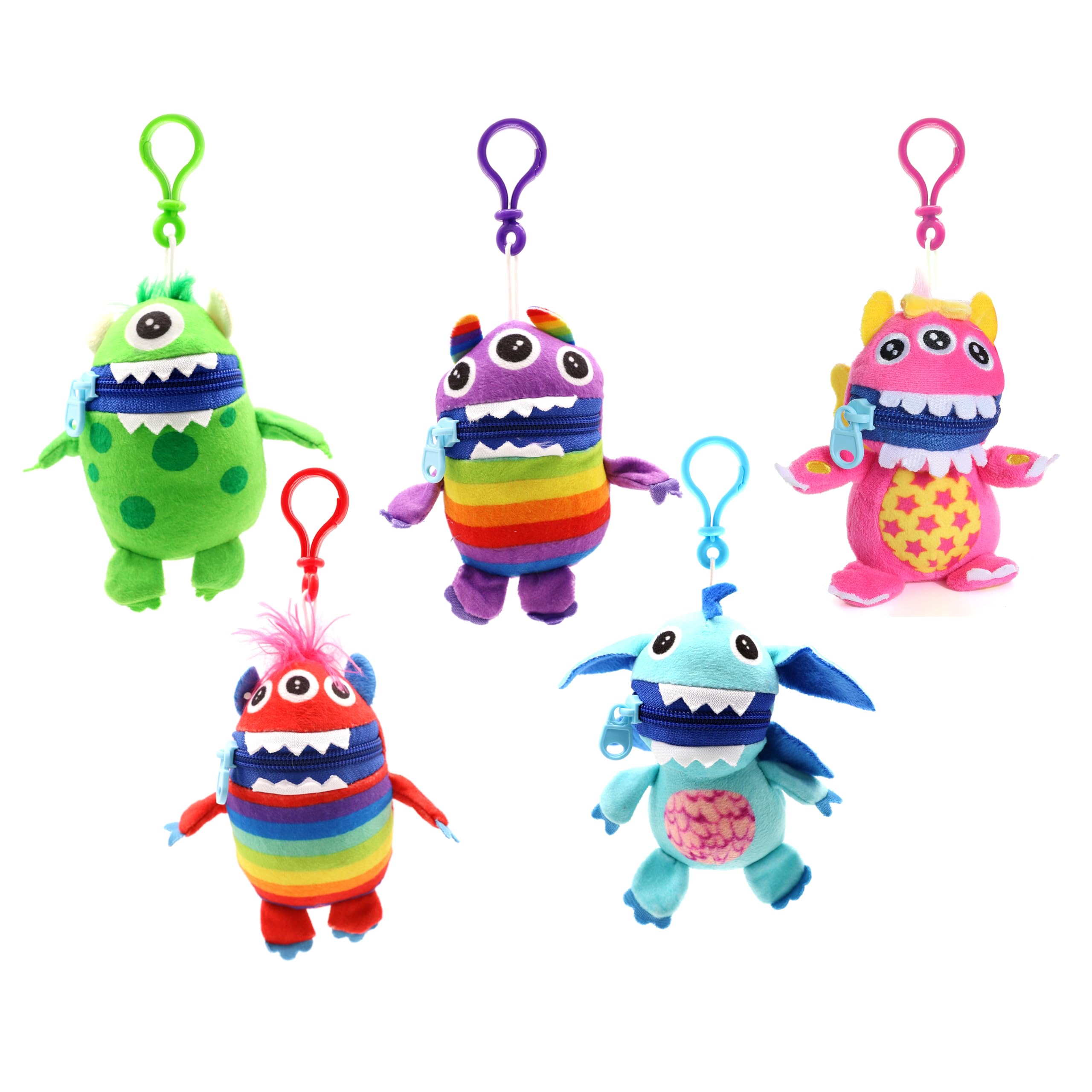 I LOVE FANCY DRESS Worry Yummy Monster Clip on Keyring Childrens Soft Toy Pack of 5-13cm (5 1/2") - Soft Cuddly Toy for Kids - Boys & Girls Anxiety, Stress & Fear Reducing - Bag Clip Toy