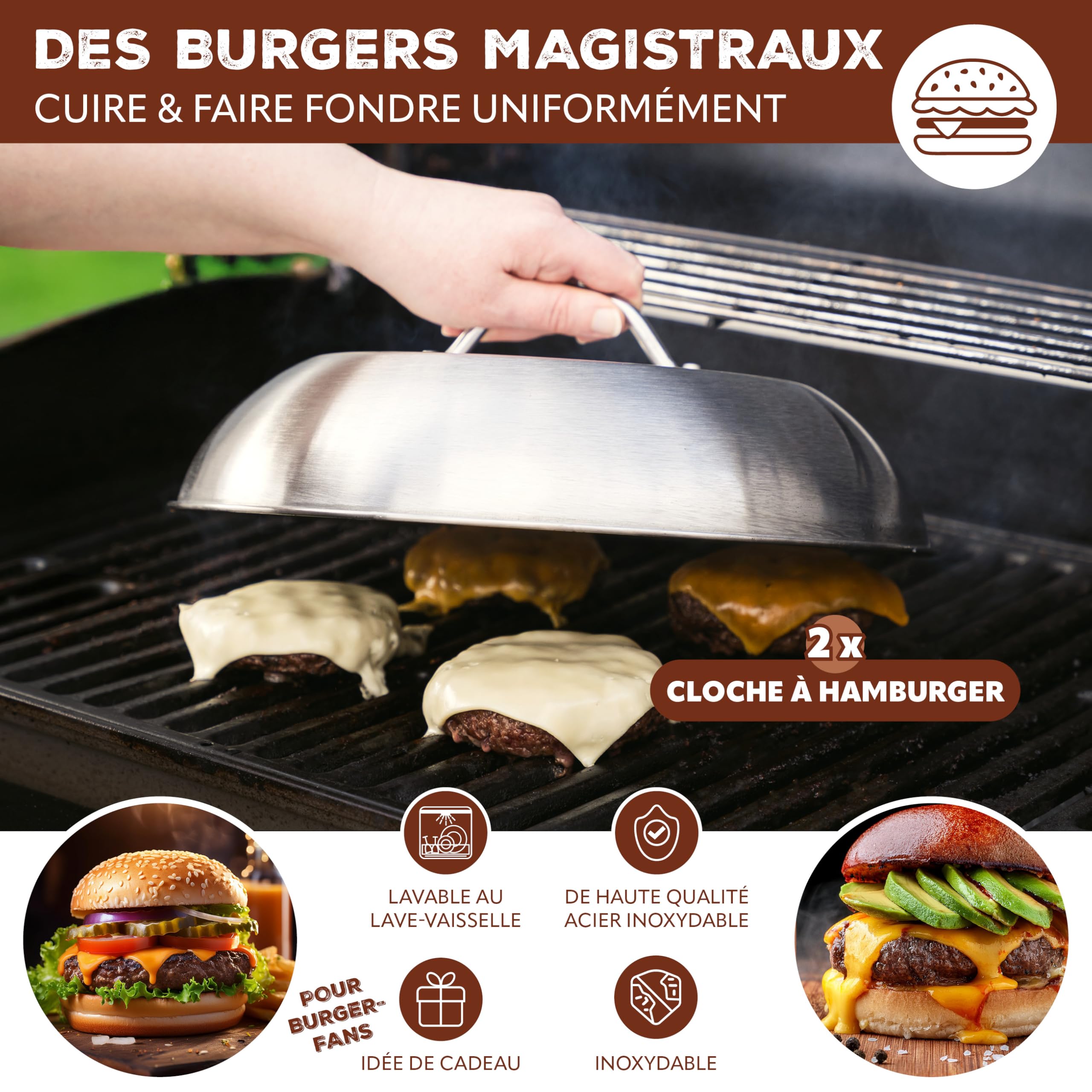 Bremermann Lot de 2 hottes à hamburger, cloche de cuisson, couvercle de barbecue, de cuisson en acier inoxydable, de 22,5 cm et 32 cm de diamètre