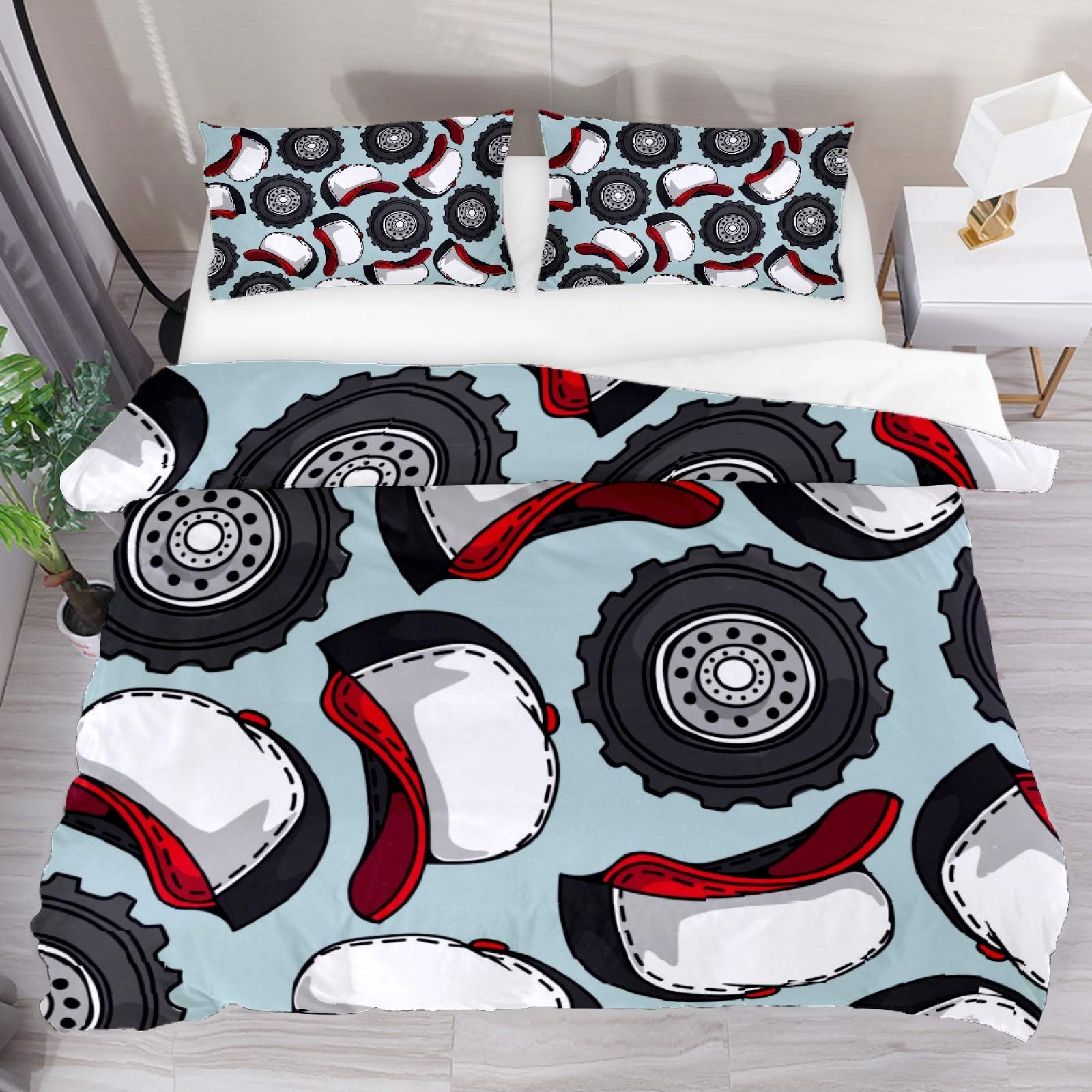 AJIKENEE Trucker Hat Wheel Pattern 3 Piece Duvet Cover Set Super King Size 102"x87" Soft Quilt Cover Decorative Bedding Sets with Pillowcase Polyester Bedspread for Boys Girls Teen Adult